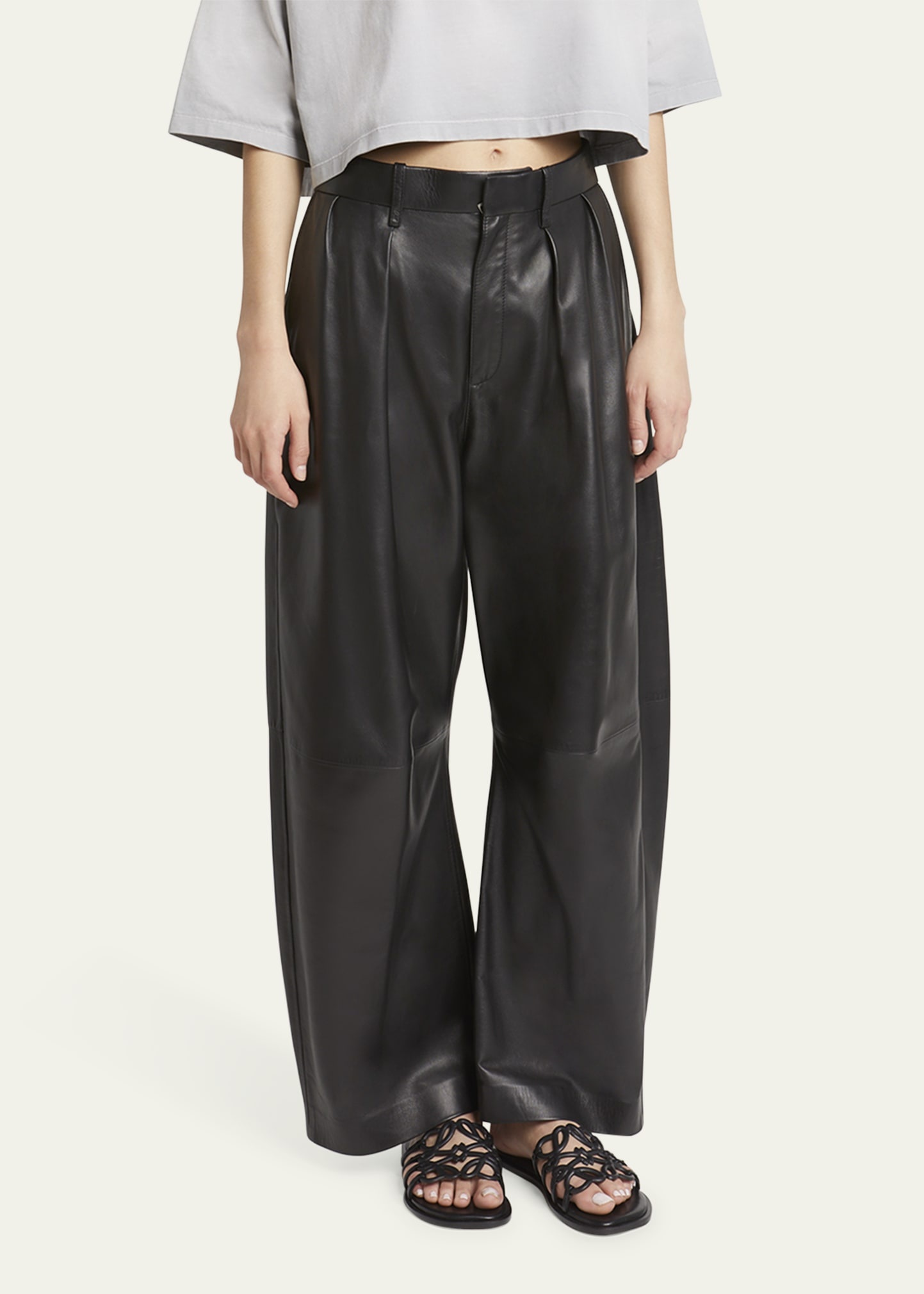 Barrel Shaped Pleated Leather Trousers - 4