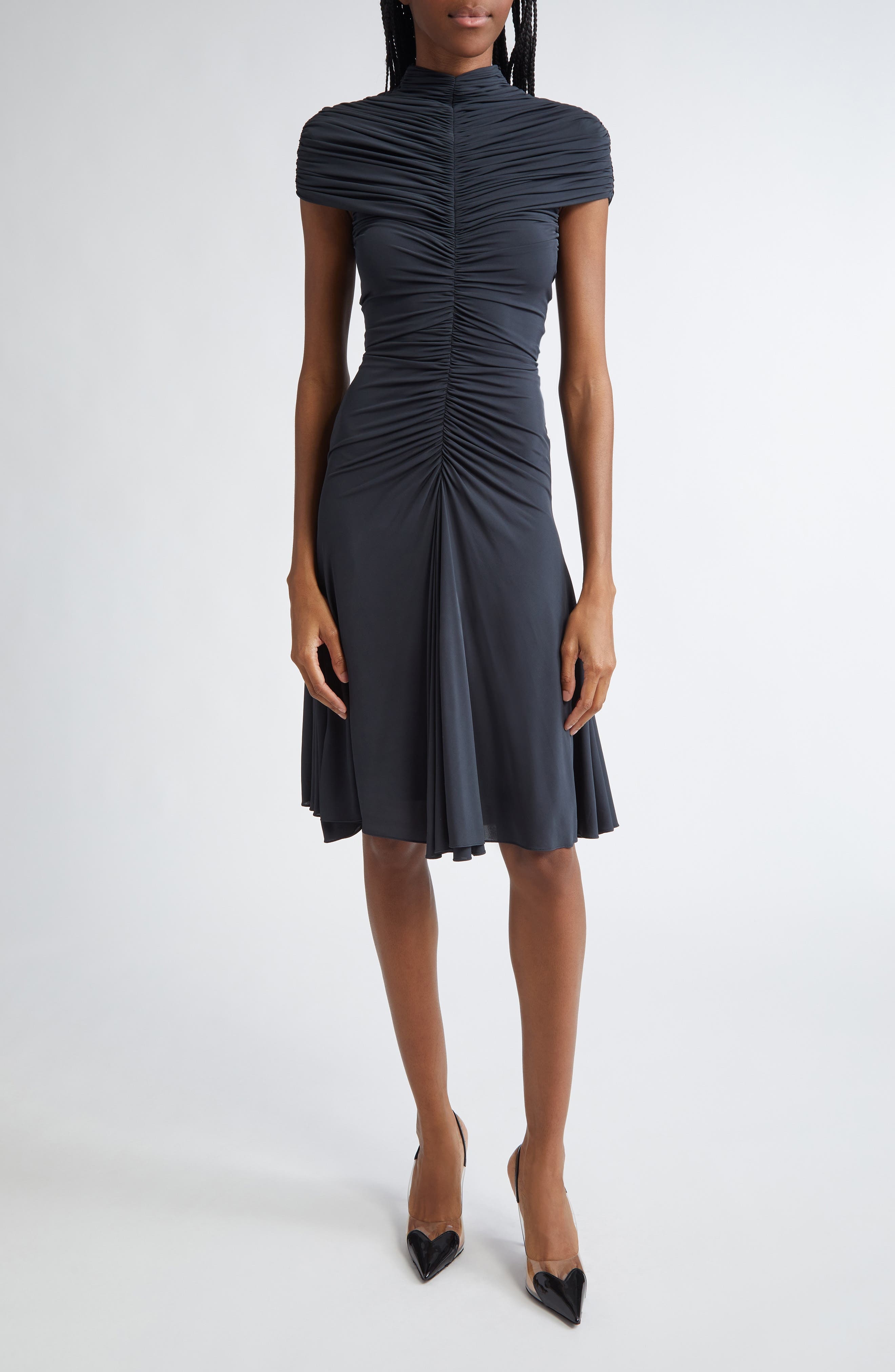 Alaïa Ruched Mock Neck Jersey Fit & Flare Dress in Ardoise at Nordstrom - 1