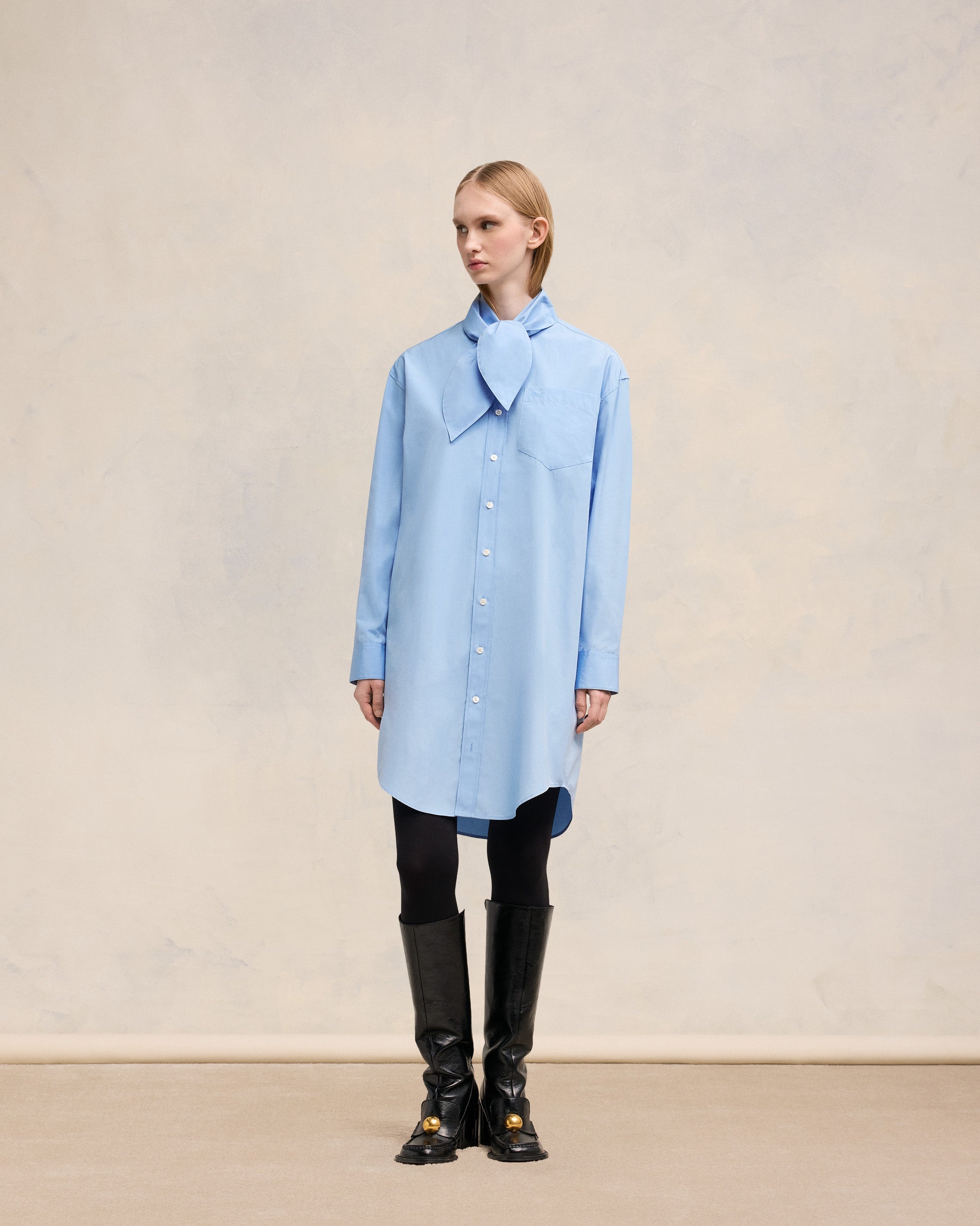 SCARF COLLAR SHIRT DRESS - 2