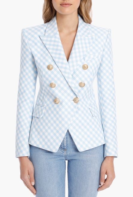 Blue and white gingham-print cotton blazer - 5