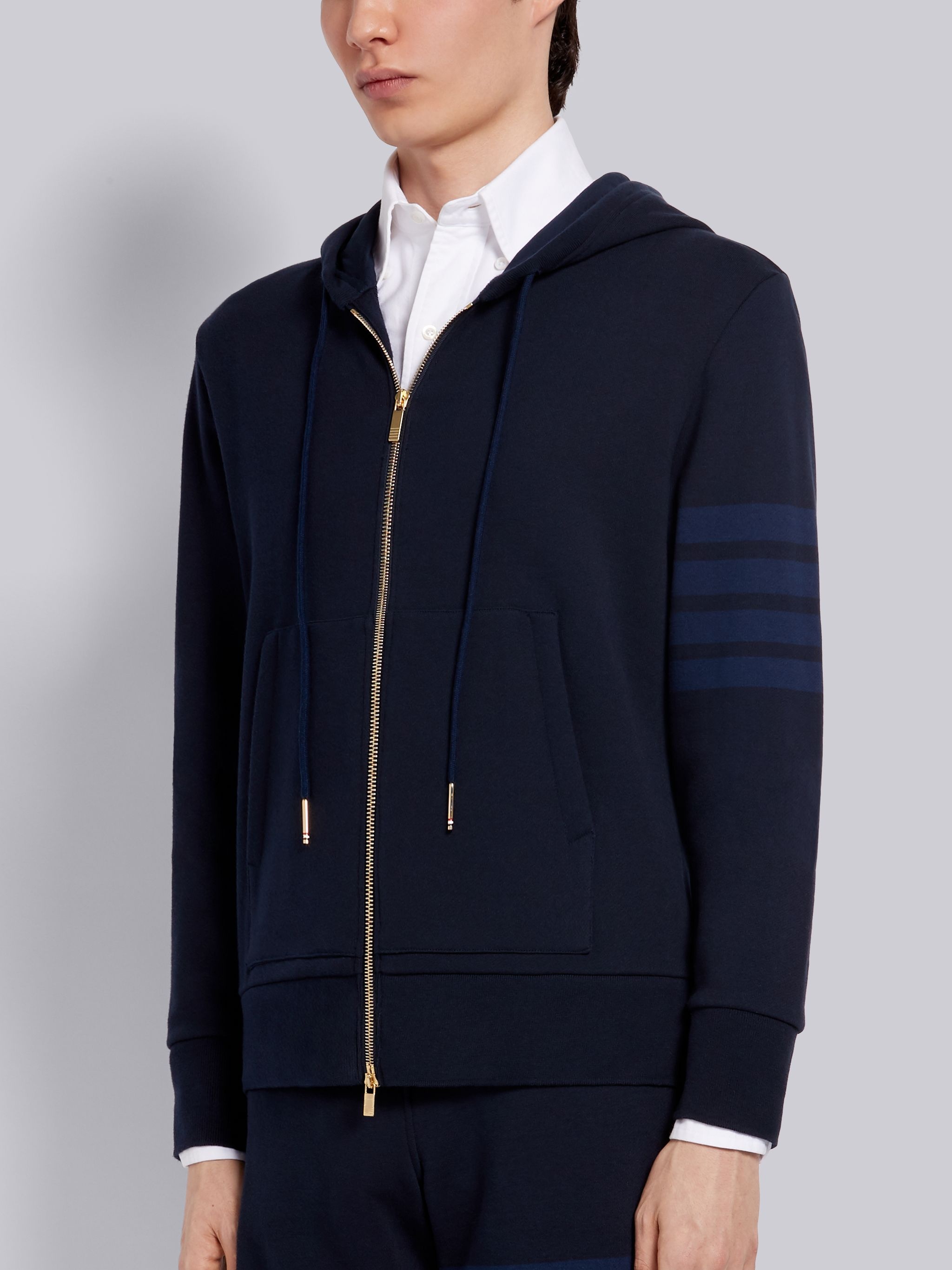 Navy Cotton Loopback Relaxed Fit Tonal 4-Bar Zip-up Hoodie - 2