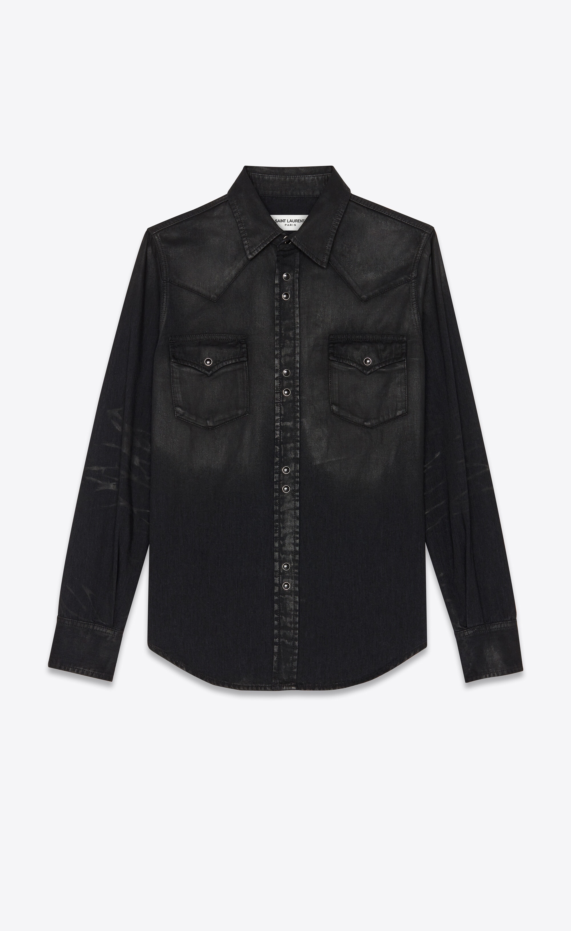 classic western shirt in lightly coated black denim - 2