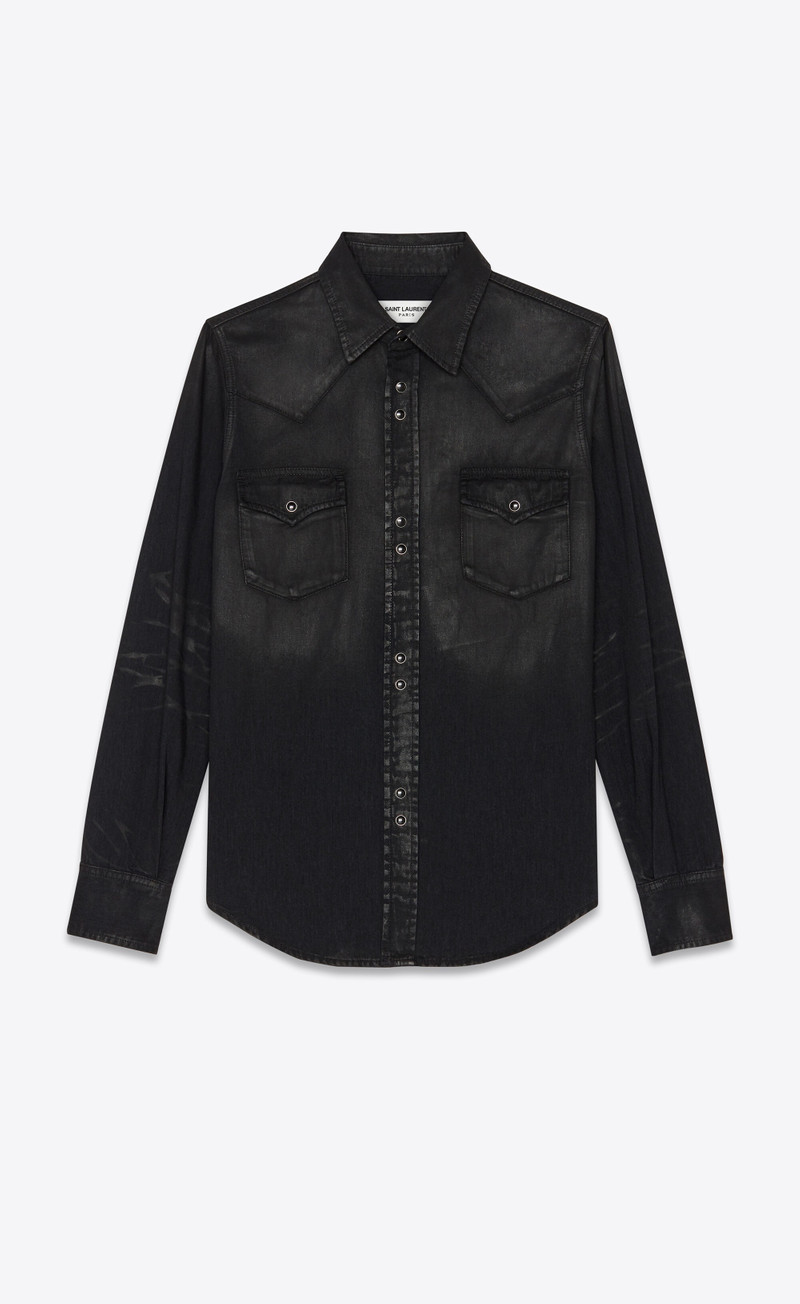 SAINT LAURENT classic western shirt in lightly coated black denim outlook