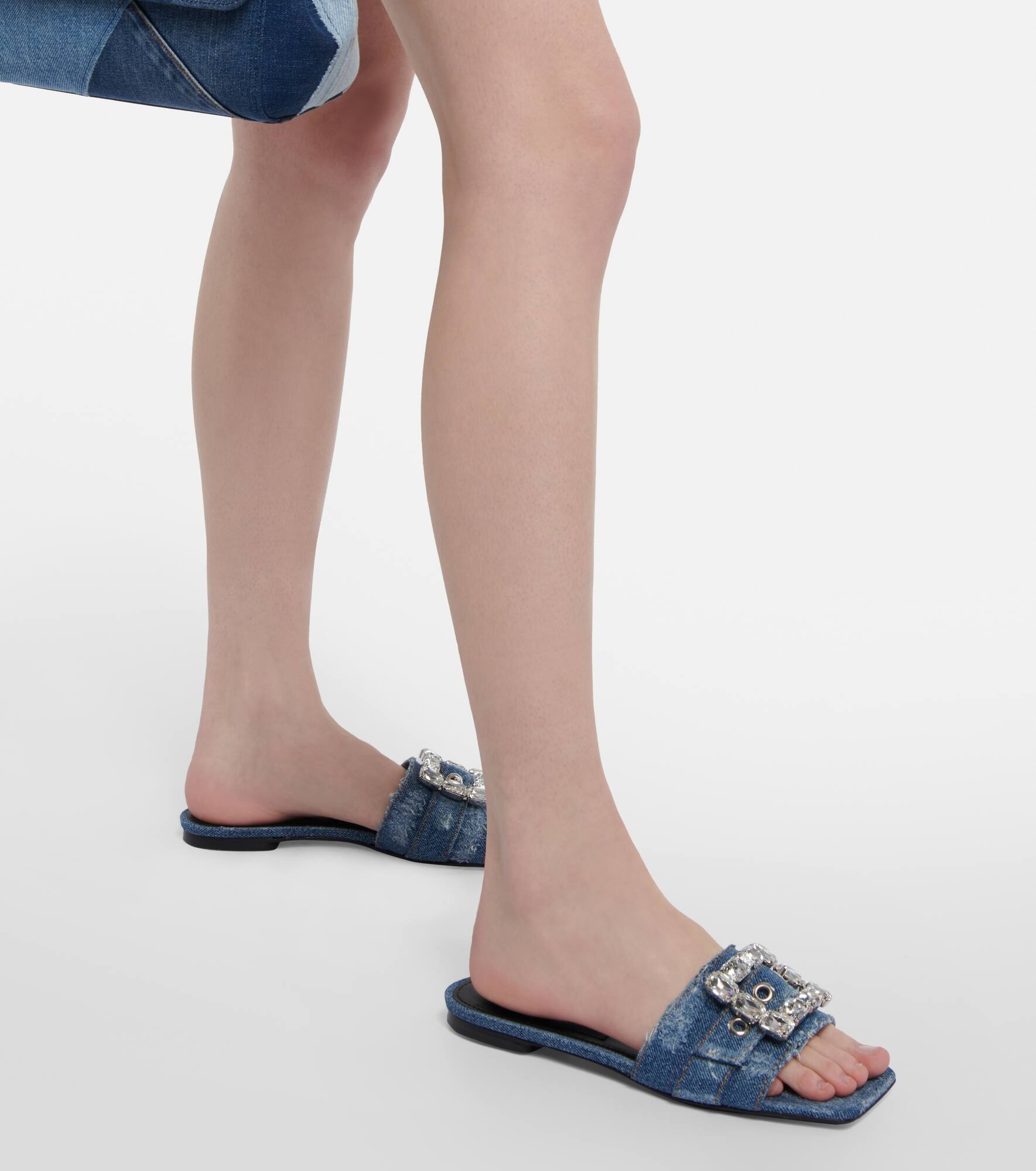 Crystal-embellished denim sandals - 4