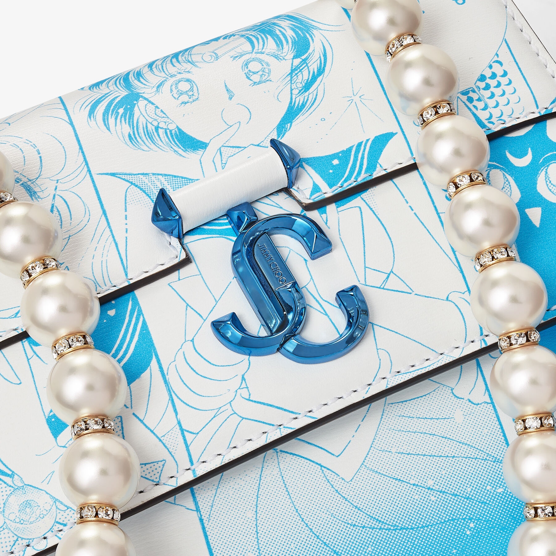 Sailor Mercury Varenne Quad XS
Blue Manga Printed Leather Shoulder Bag with Pearl Strap - 5