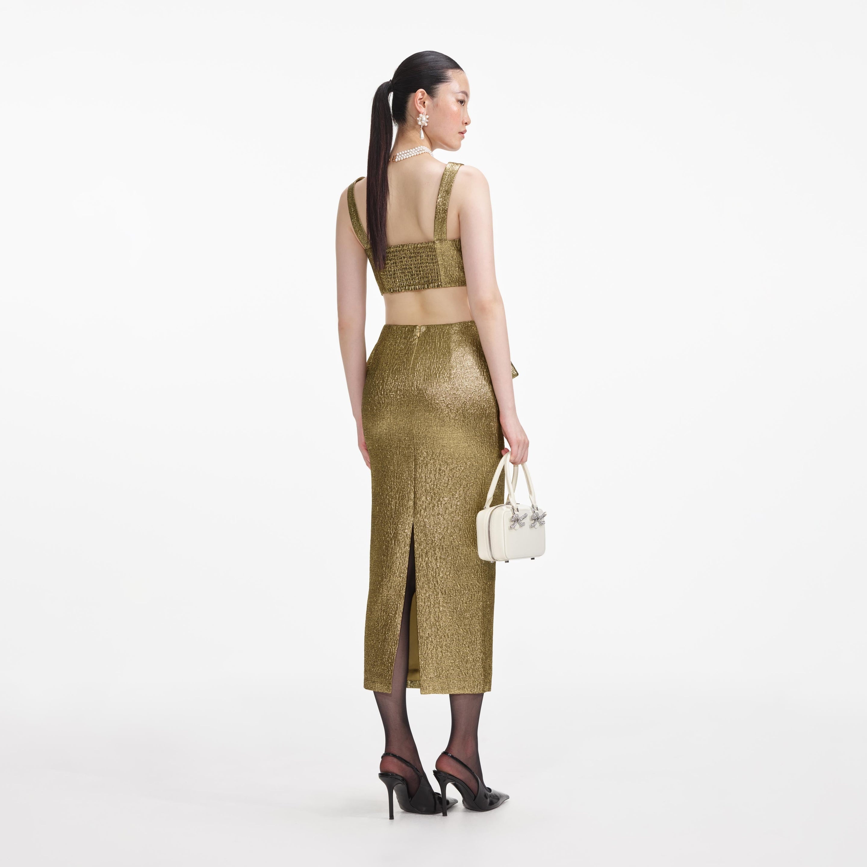 Gold Metallic Jacquard Crop Top - 3