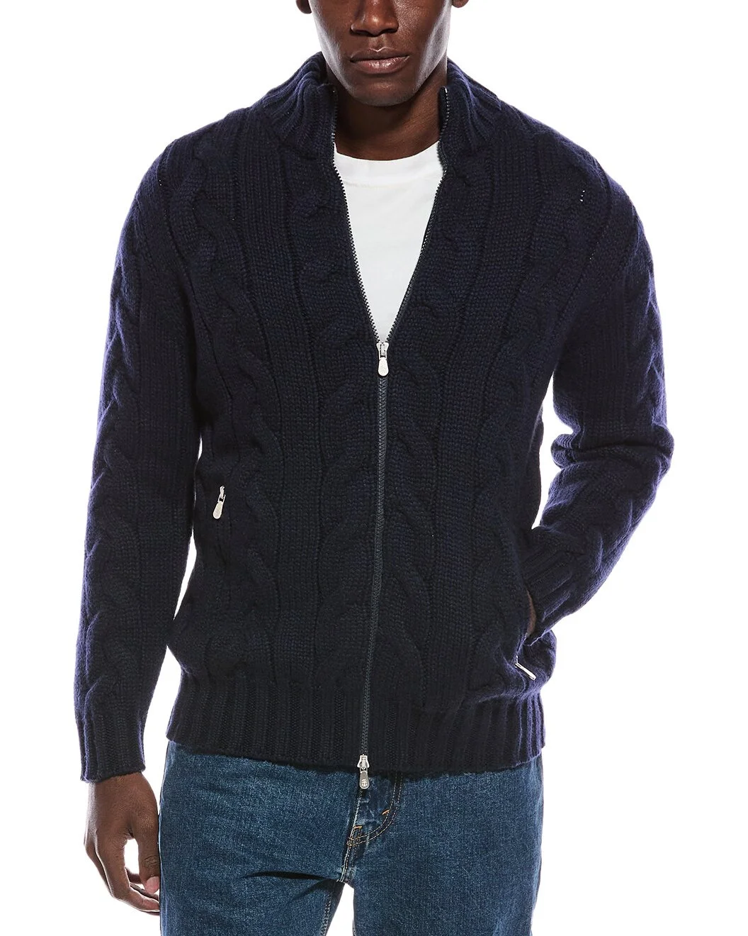 Brunello Cucinelli Cable Cashmere Mock Neck Cardigan - 1