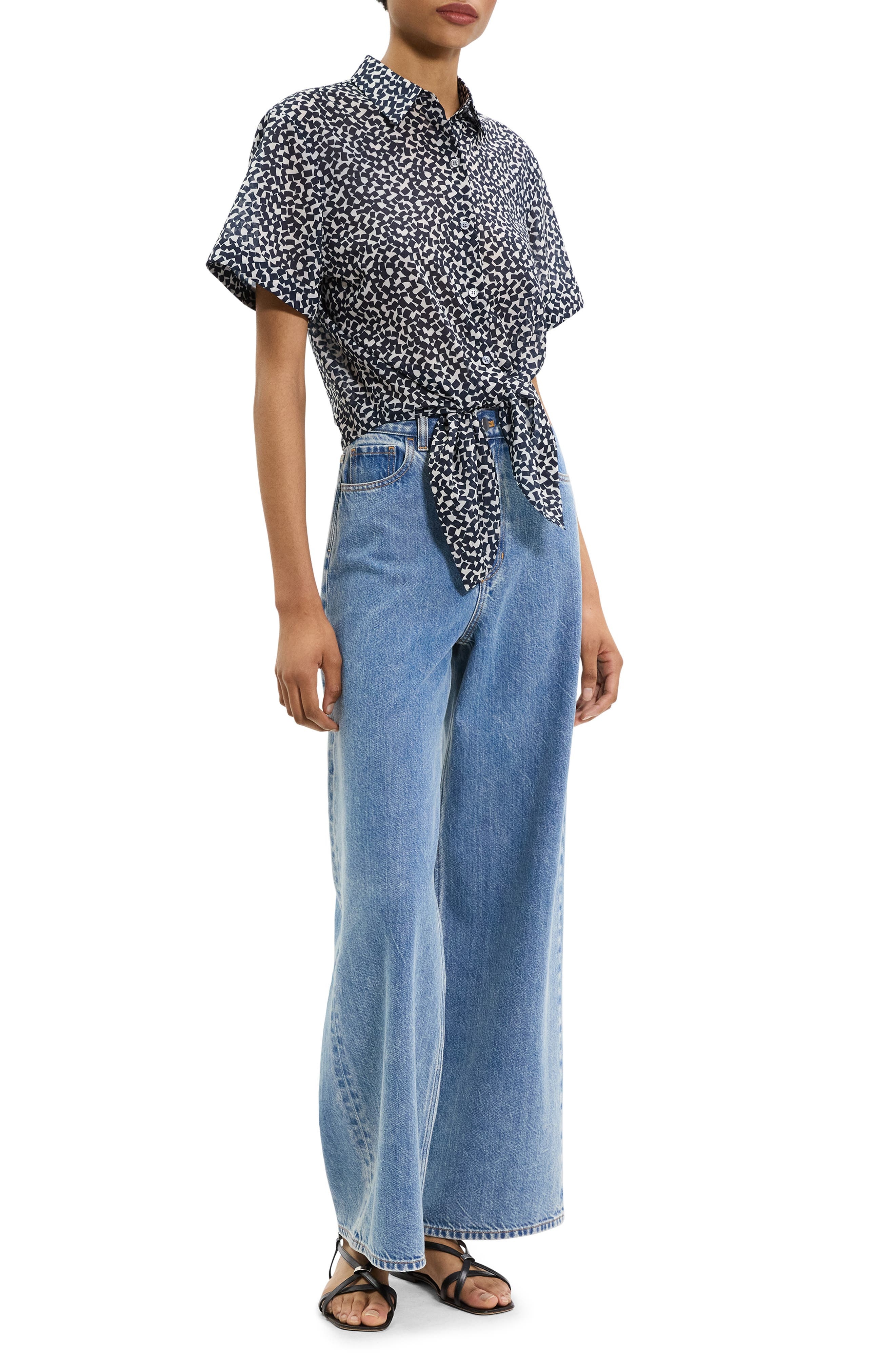 Theory Geometric Tie Front Button-Up Shirt in Navy Multi at Nordstrom - 6
