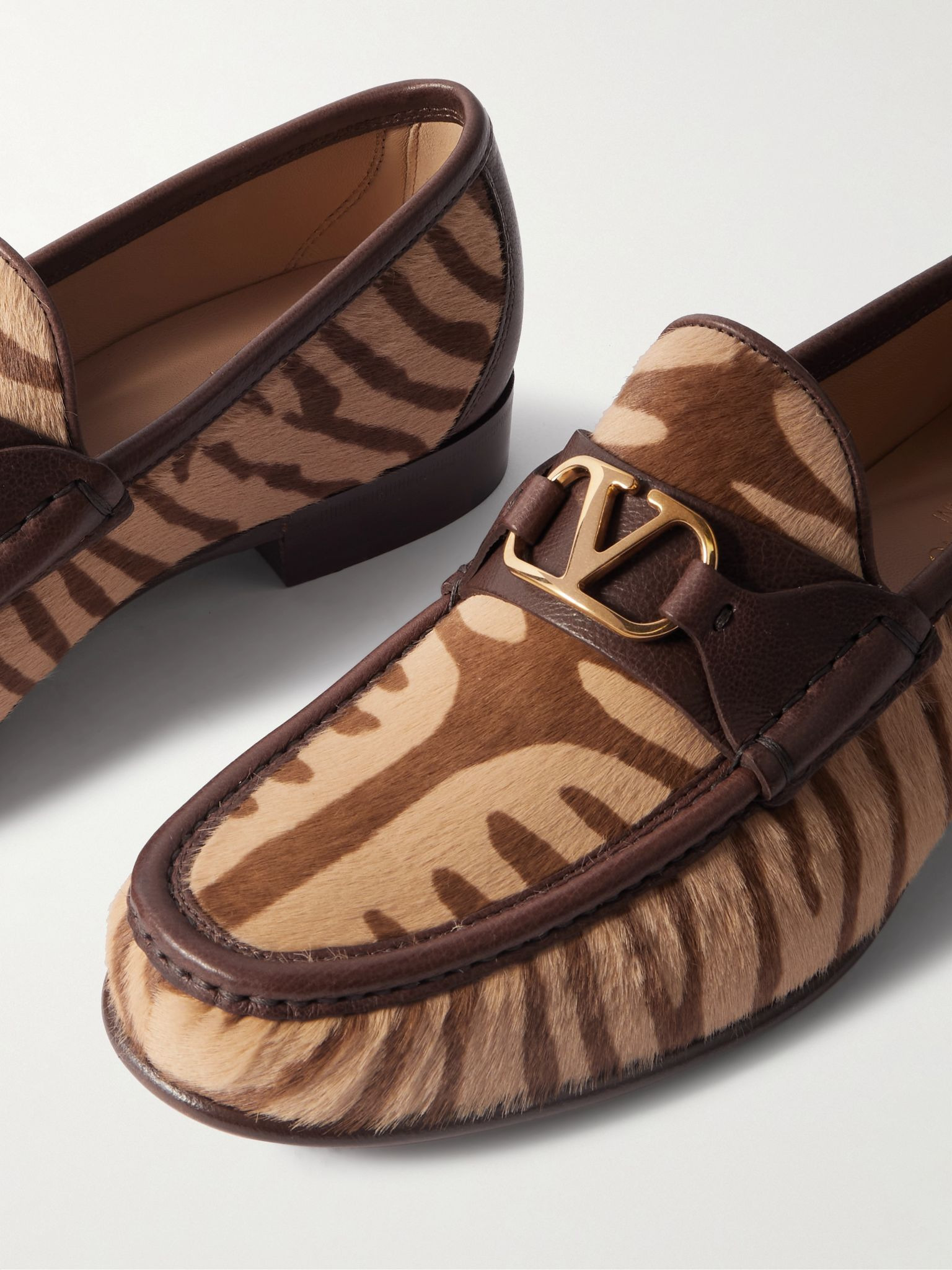 Logo-Embellished Leather-Trimmed Tiger-Print Calf Hair Loafers Brown - 5