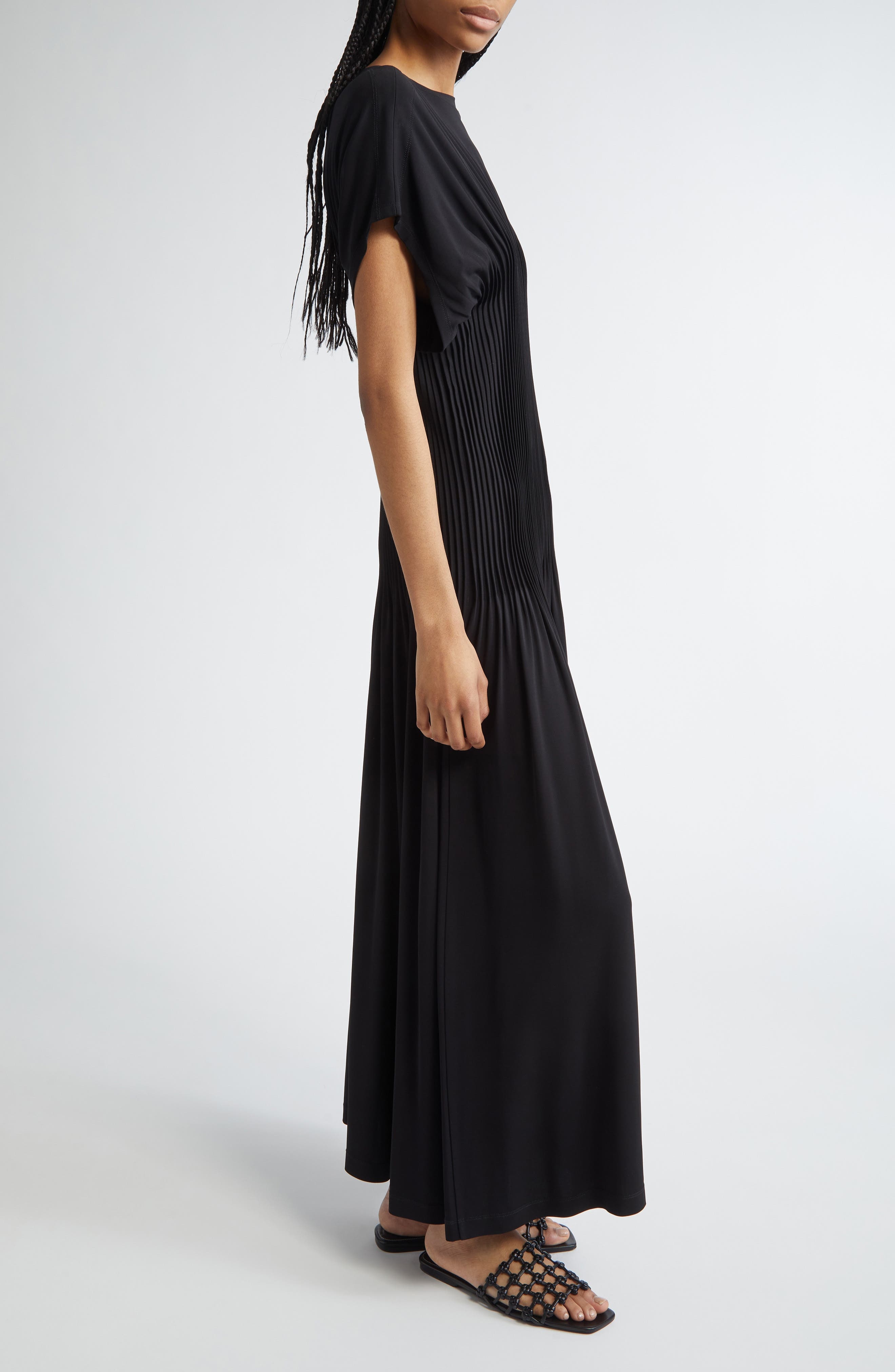 TOTEME Knife Pleated Cap Sleeve Jersey Maxi Dress in Black at Nordstrom - 3