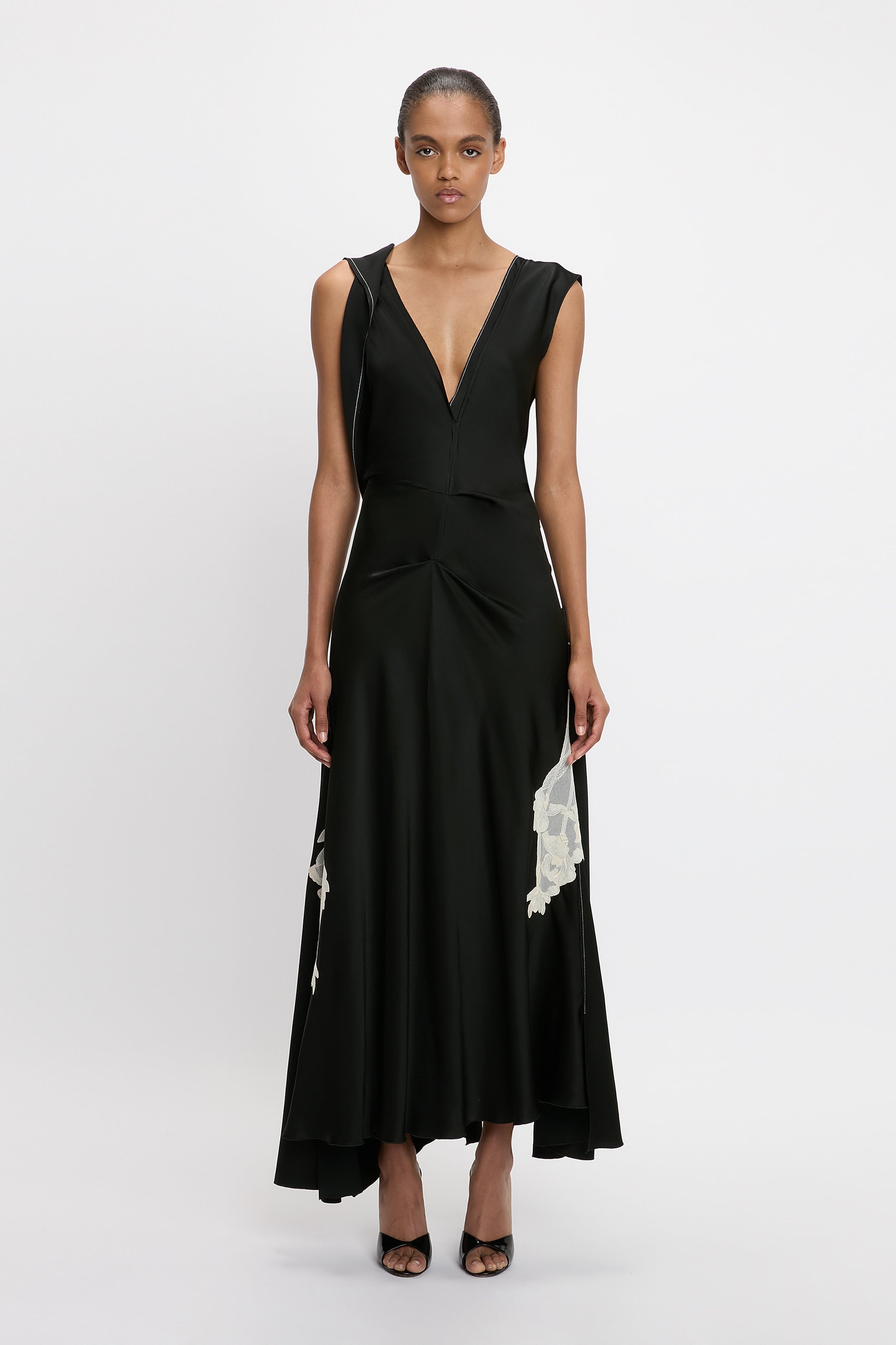 Draped Lace Detail Midi Dress In Black - 2