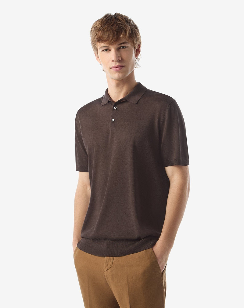 Brown pure silk button-up polo 1
