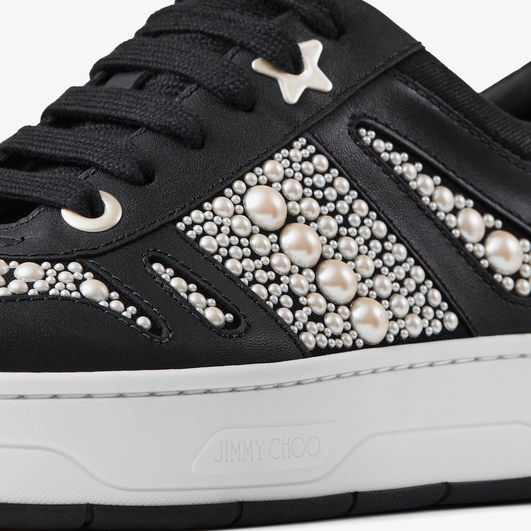 Hawaii/F
Black Calf Leather and Canvas Low Top Trainers with Pearl Embellishment - 3