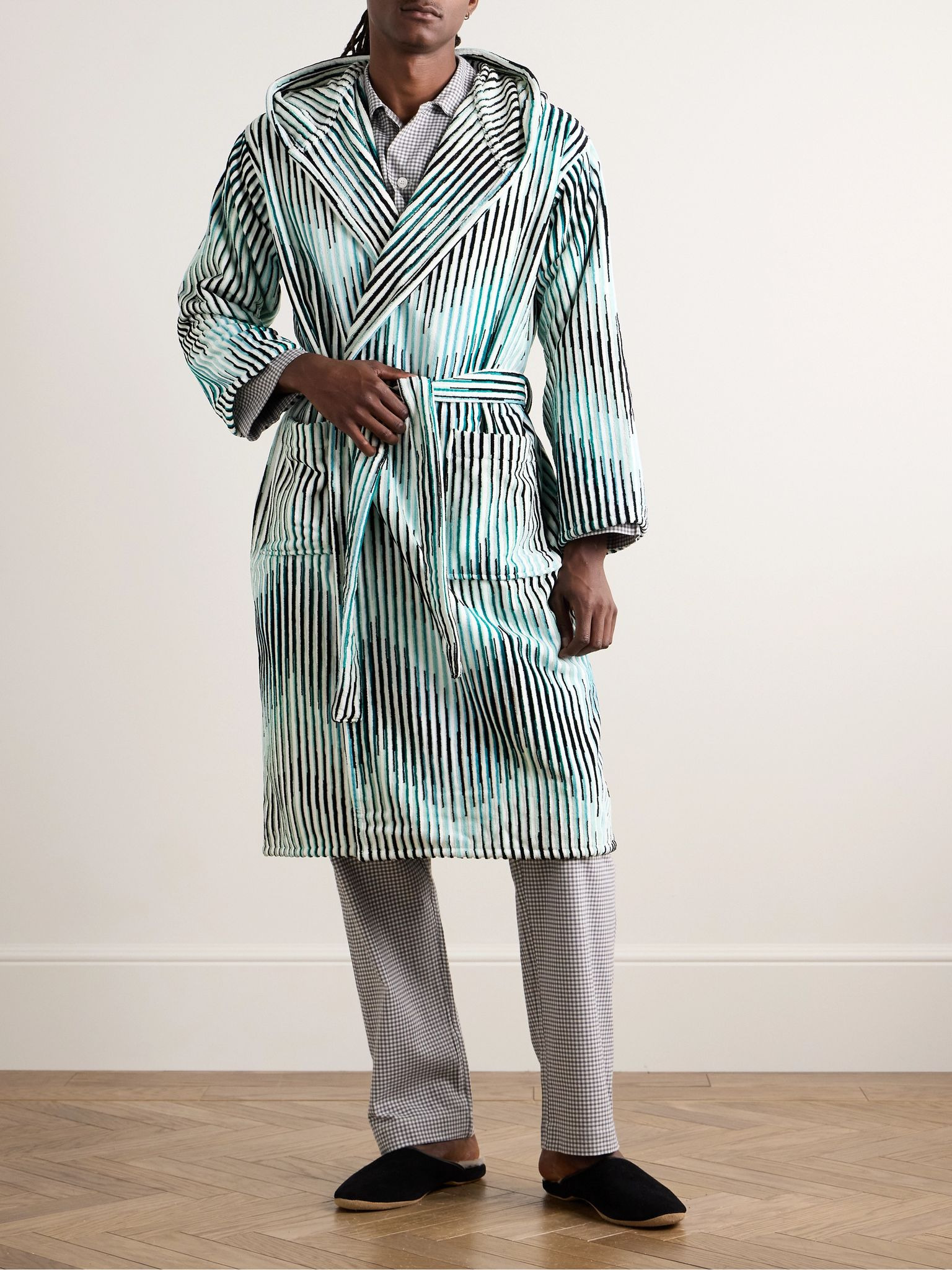 Arpeggio Striped Cotton-Terry Hooded Robe Blue - 2