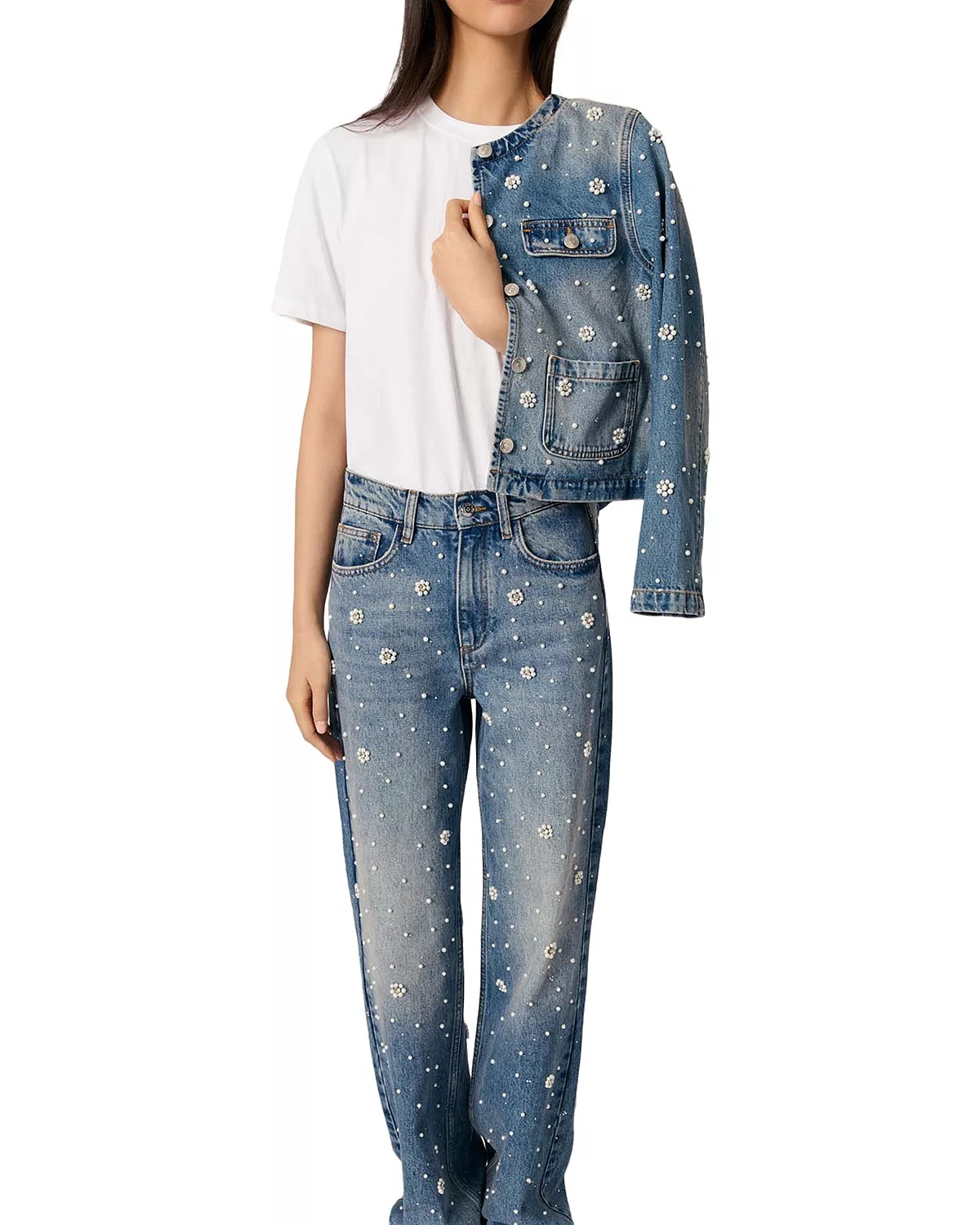 Embellished High Rise Wide Leg Jeans in Blue - 9