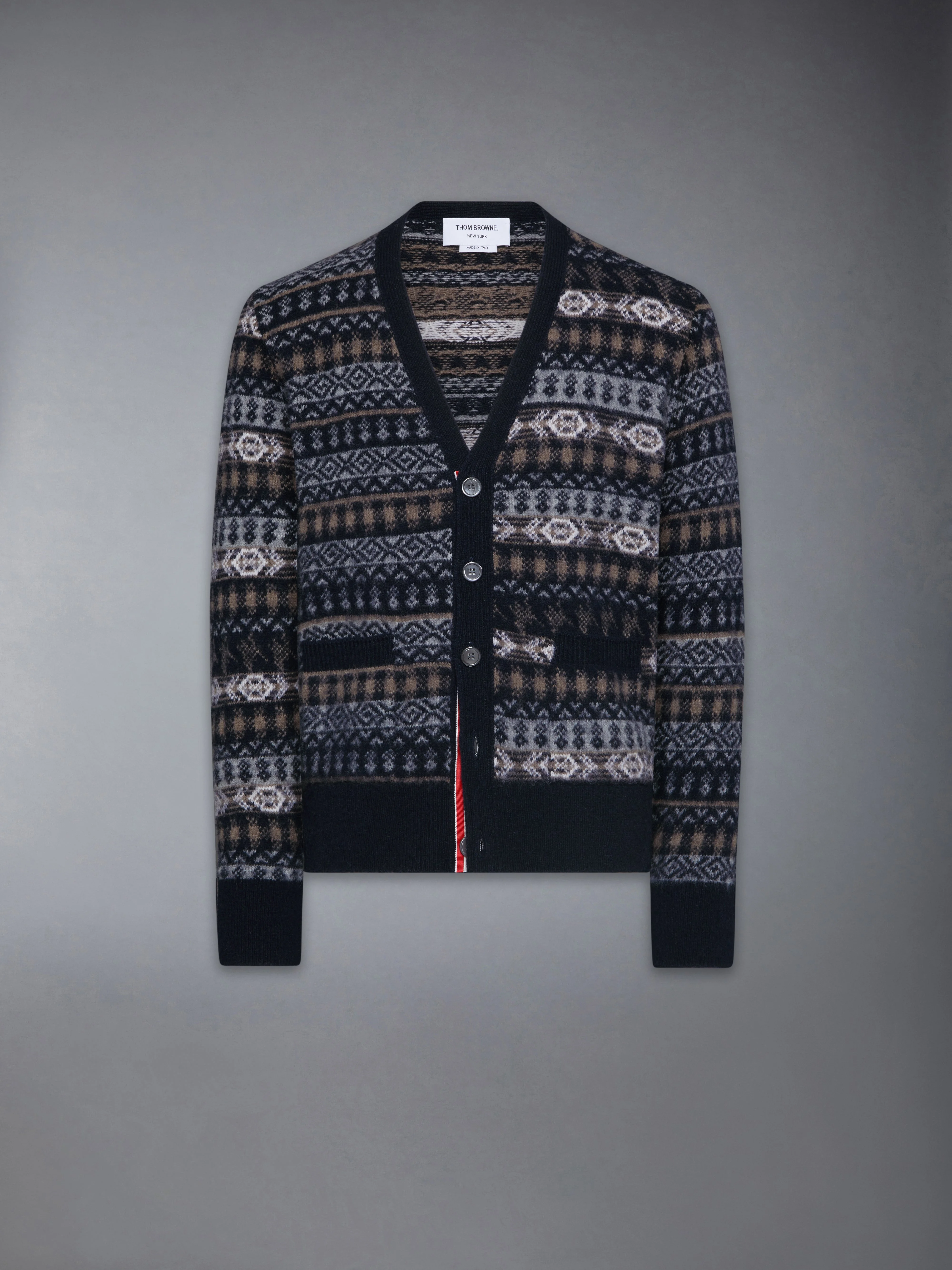 BRUSHED SHETLAND AND MERINO WOOL FUNMIX FAIR AILE JACQUARD V NECK CARDIGAN - 1