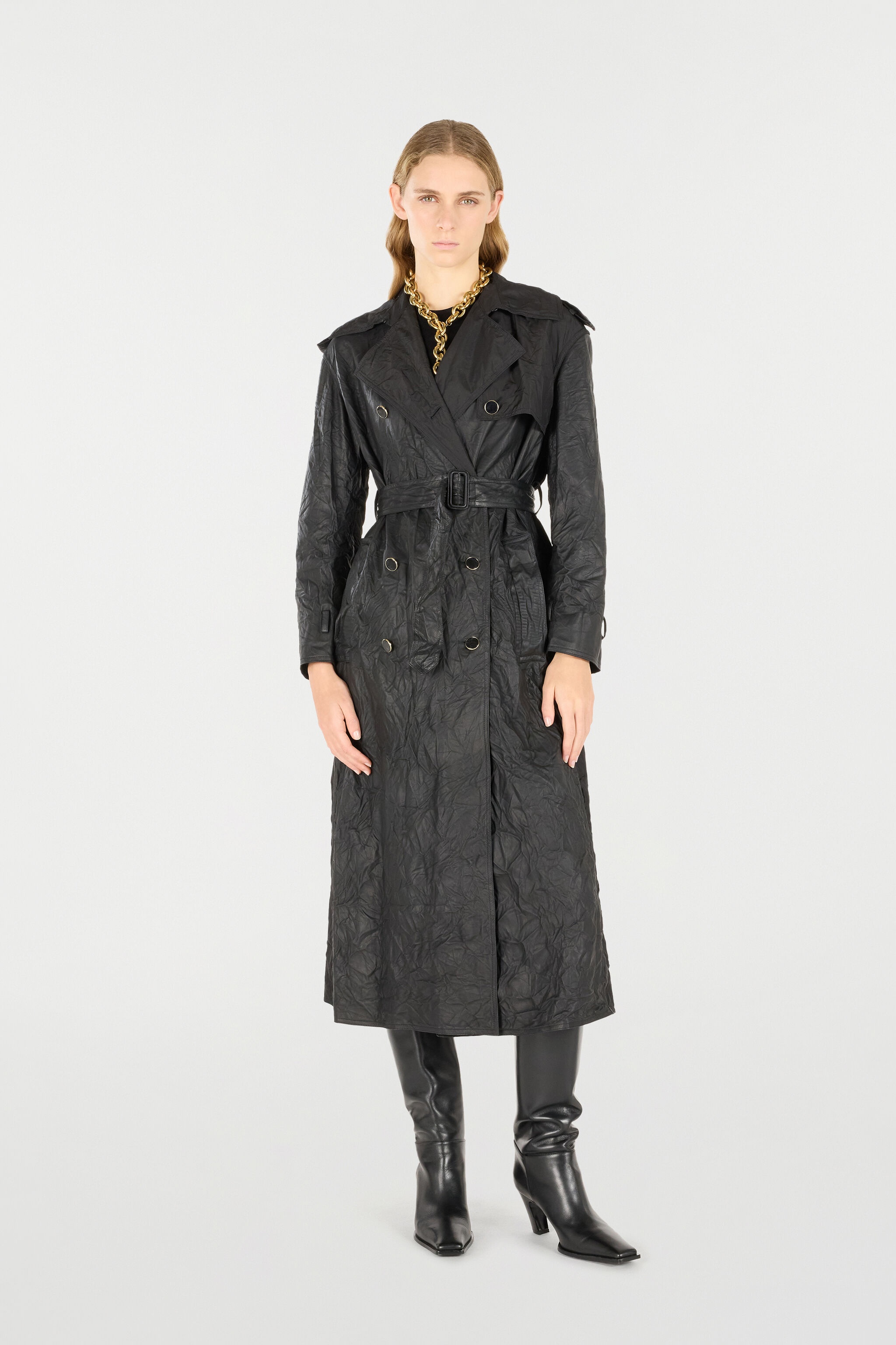 Long Crinkle-Effect Trench Coat - 3