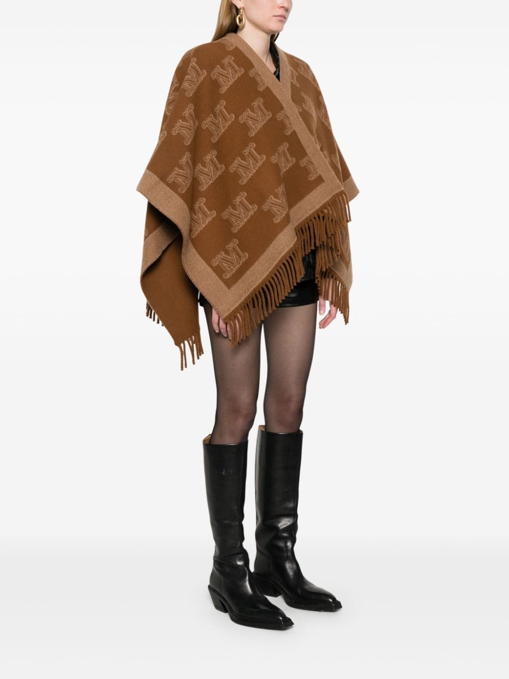 monogram-pattern wool poncho - 3