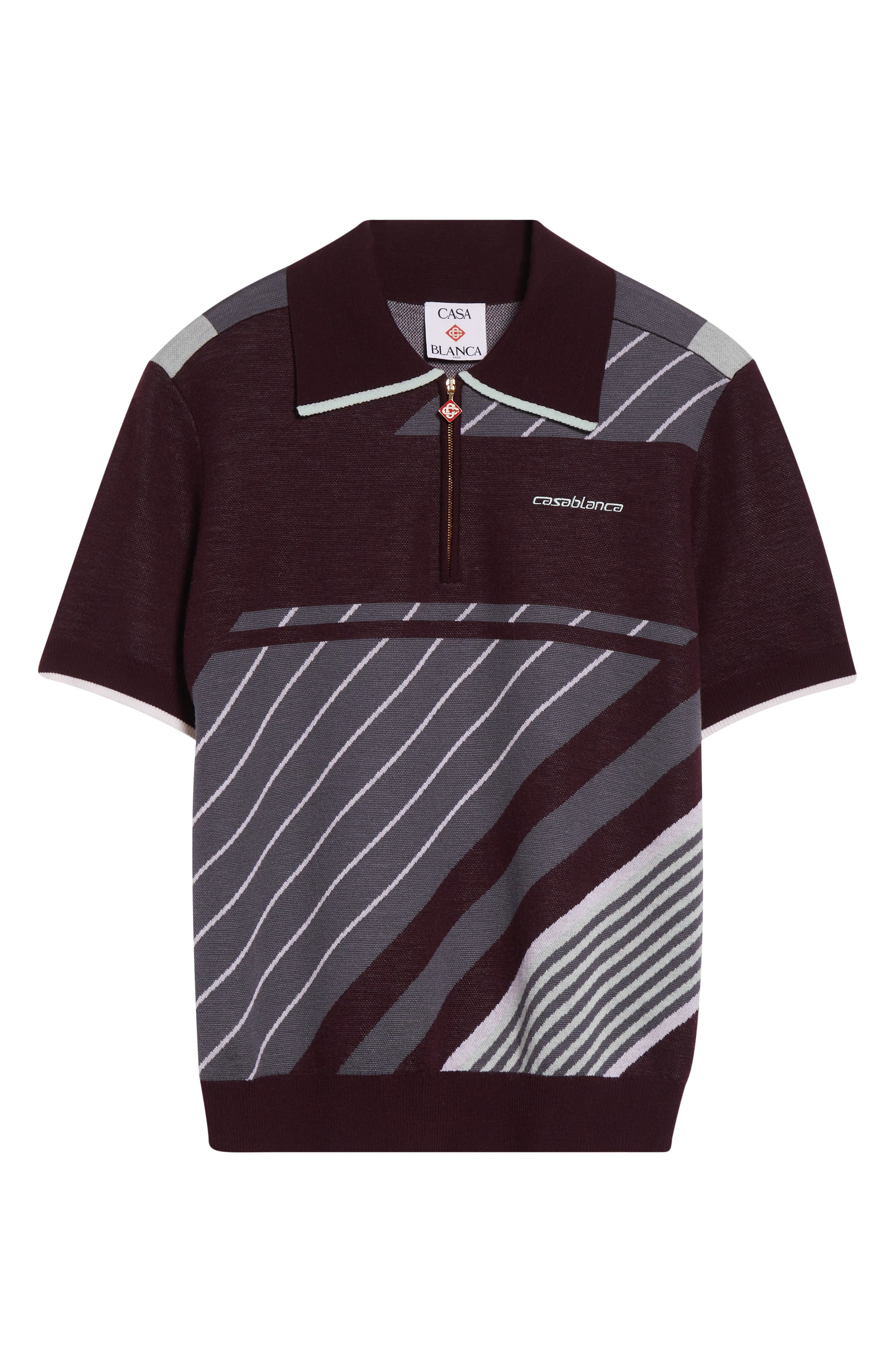 Casablanca Diagonal Stripe Merino Wool Quarter Zip Polo in Aubergine at Nordstrom - 5