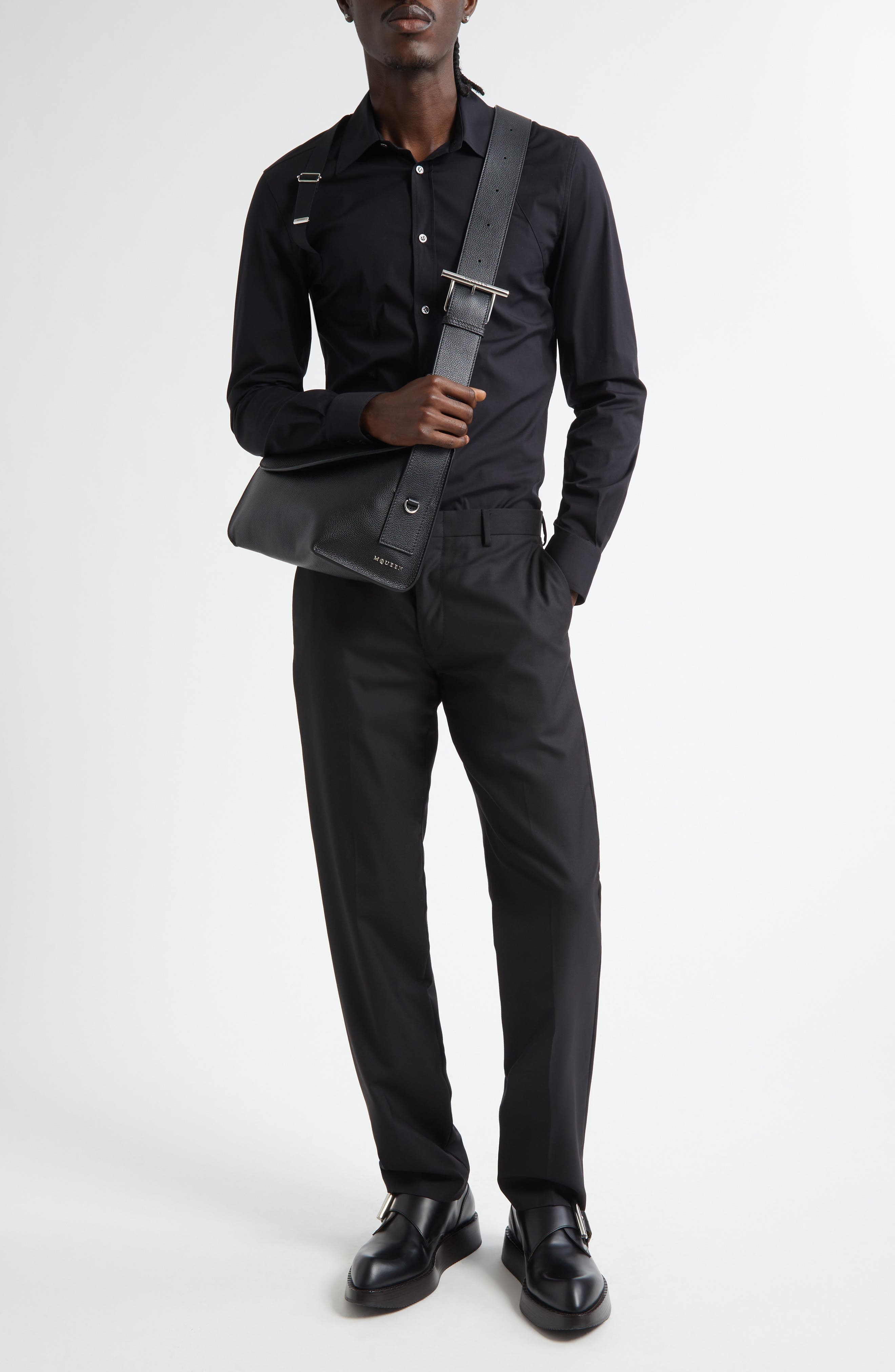 McQueen Logo Tape Harness Stretch Cotton Button-Up Shirt in Black at Nordstrom - 2