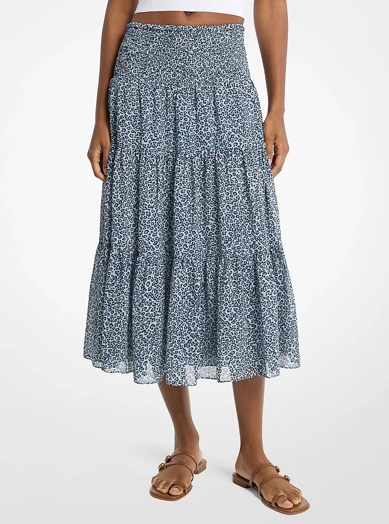 Leopard Print Georgette Tiered Midi Skirt - 1