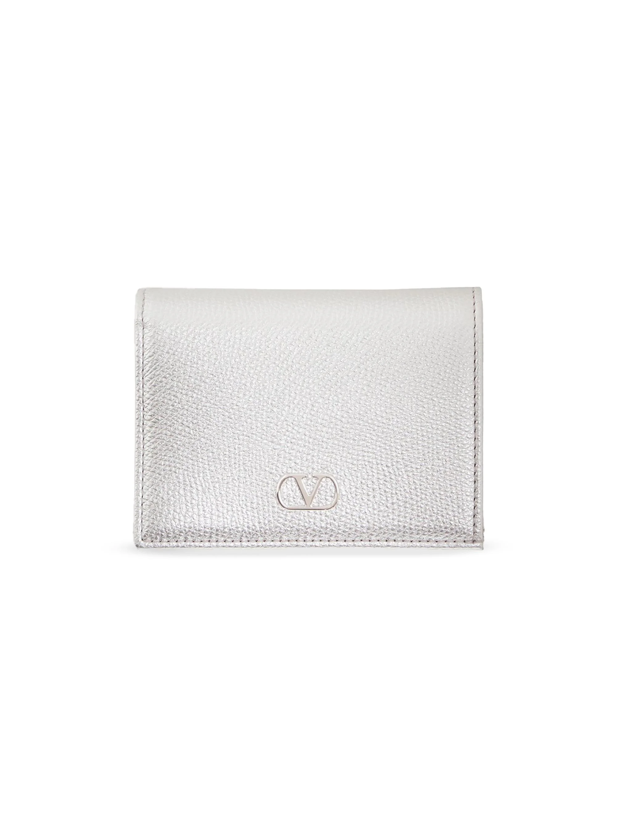 Women's VLogo Signature Laminated Grainy Calfskin Wallet - Silver - 1
