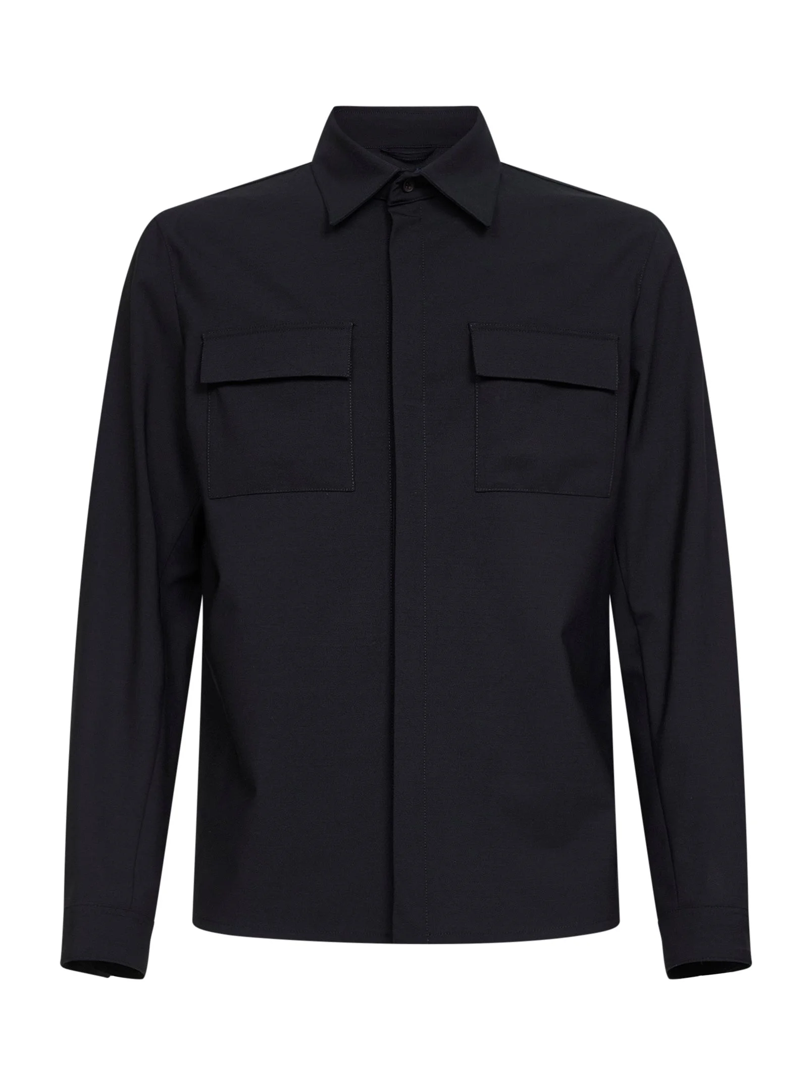 Navy blue bi-stretch wool canvas shirt - 1