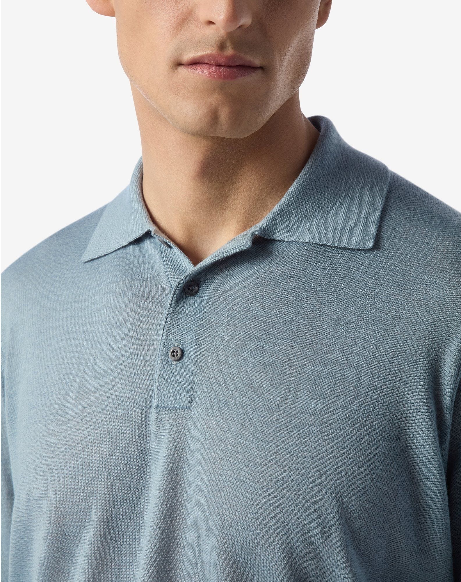 Light blue long sleeve cashmere and silk polo shirt - 3