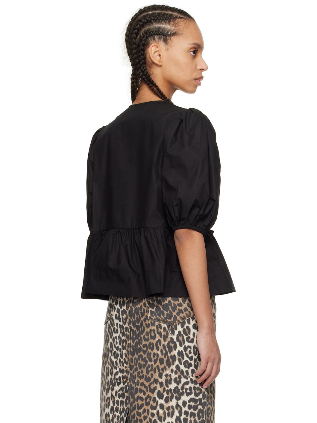 Black Cotton Poplin Peplum Tie Blouse - 3