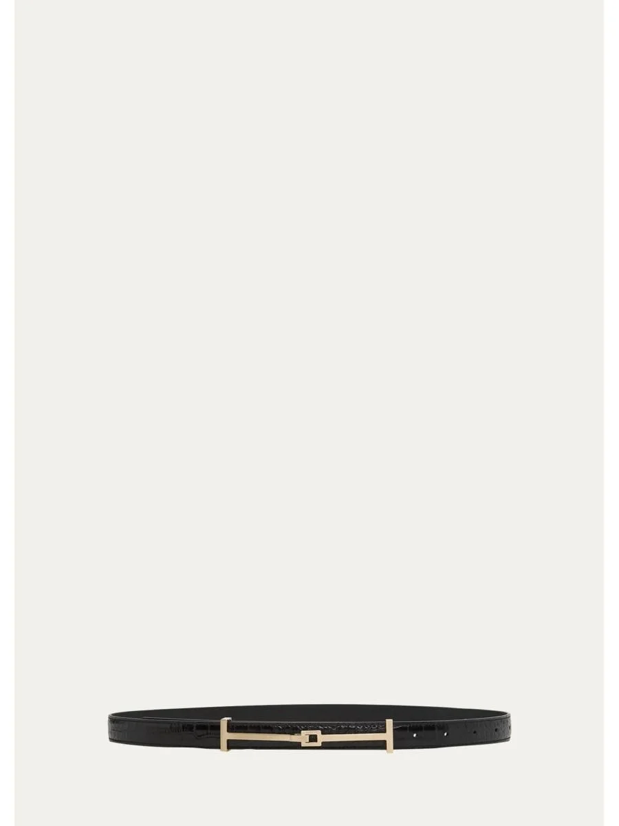 Double T Crocodile-Embossed Leather Belt - 1