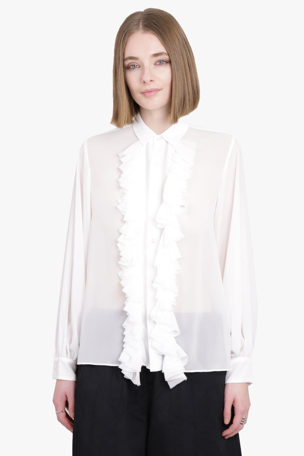 SHEER RUFFLE DETAIL L/S SHIRT | WHITE - 2