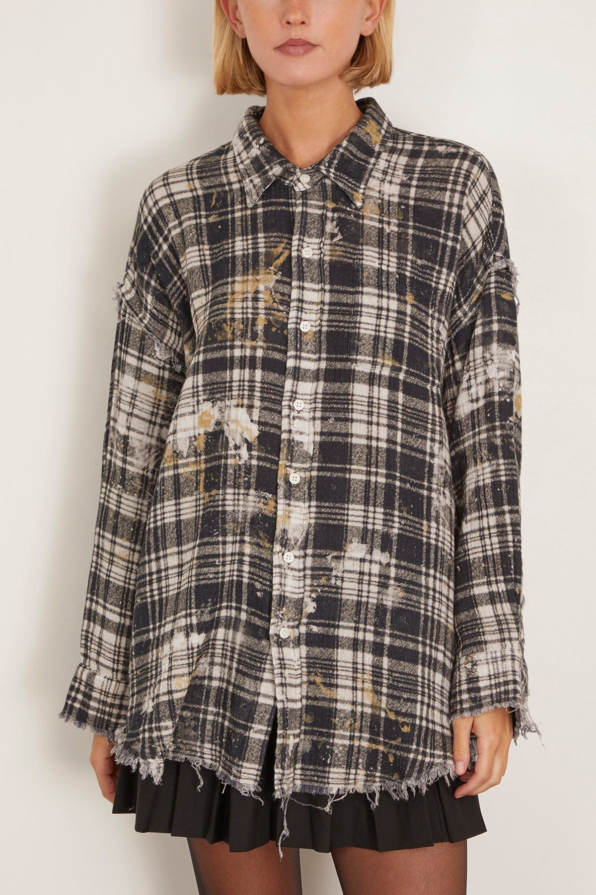 Shredded Seam Drop Neck Shirt in Black Plaid with Splatter - 3