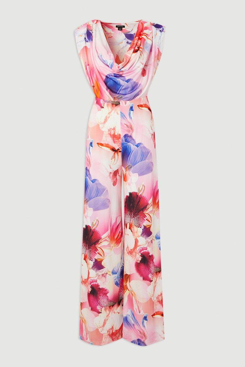 Tall Floral Printed Drapey Jersey Cowl Neck Wide Leg Jumpsuit 4