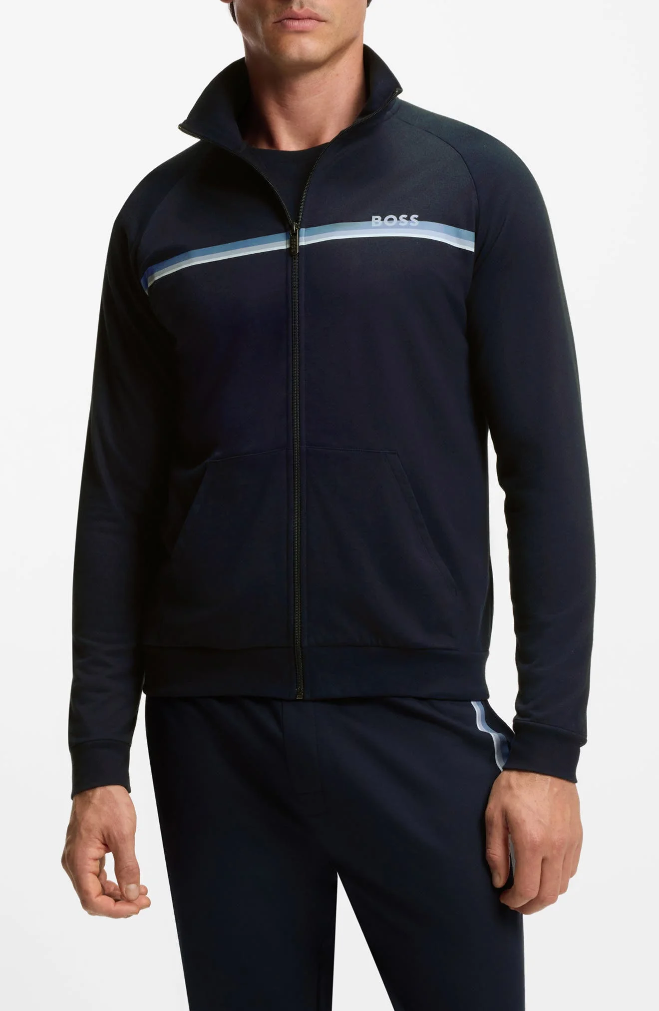 BOSS Authentic Chest Stripe Cotton Track Jacket in Dark Blue at Nordstrom - 1