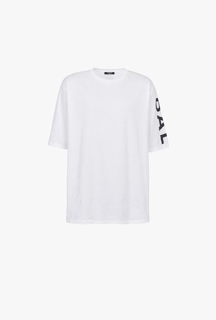 Oversized white eco-designed cotton T-shirt with black Balmain logo print - 1