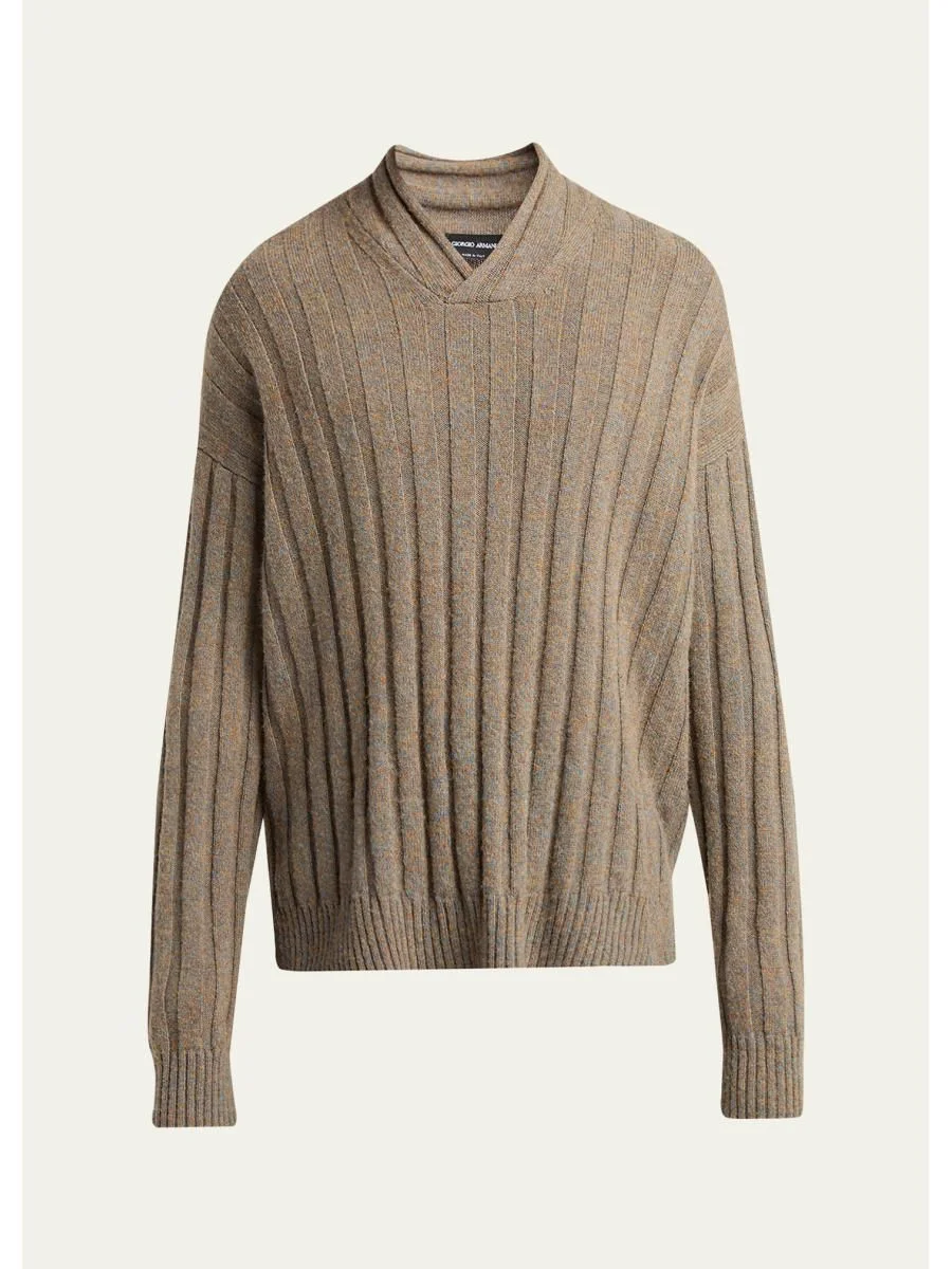 Men's Ribbed-Knit Wool Shawl-Collar Sweater - 1