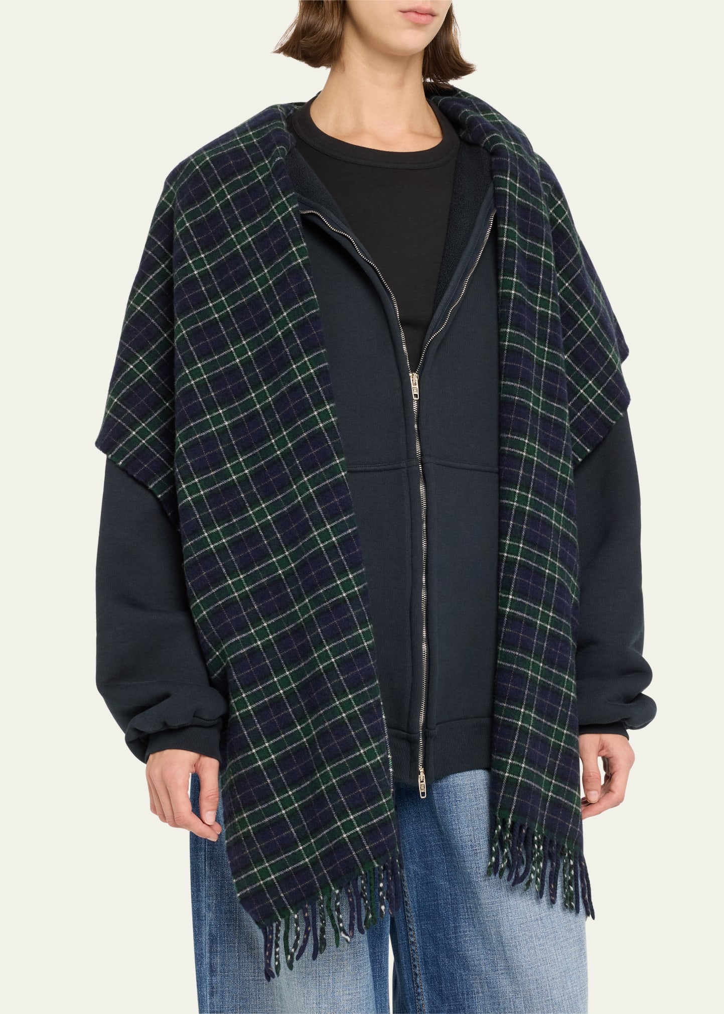 Oversized Plaid Scarf Zip Up Hoodie - 4
