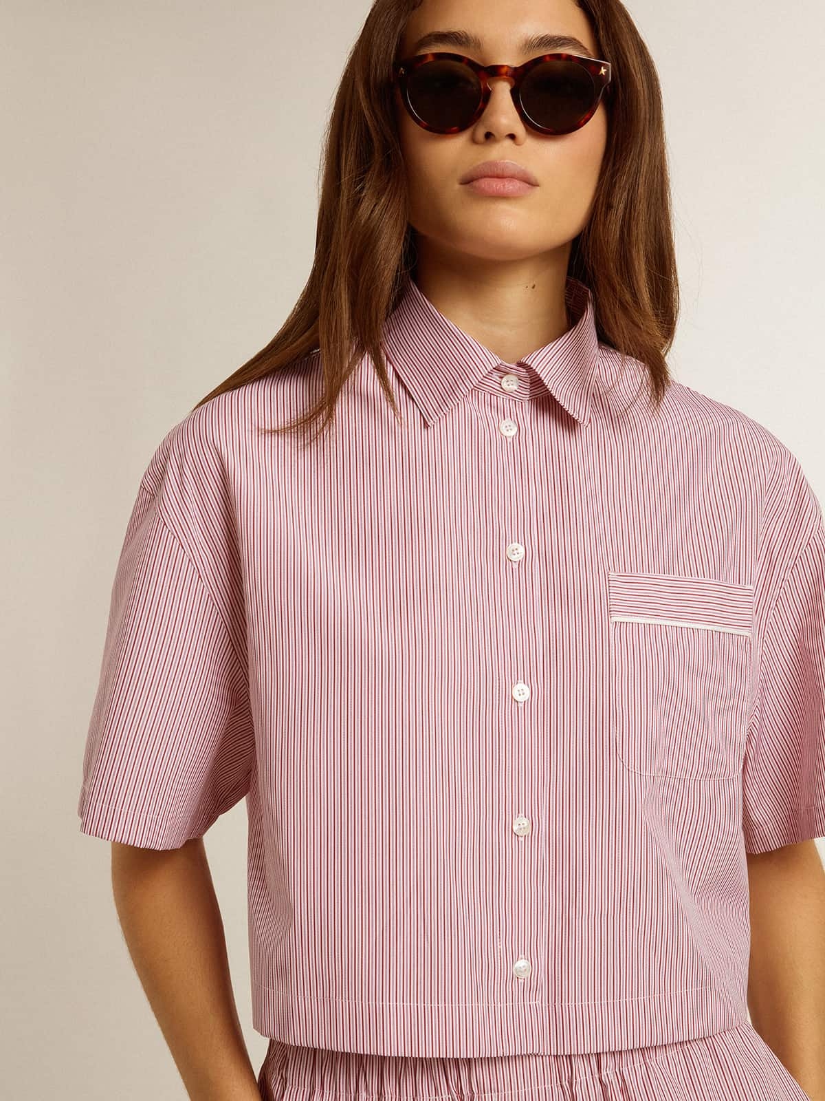 Women's cropped shirt in striped cotton poplin - 5