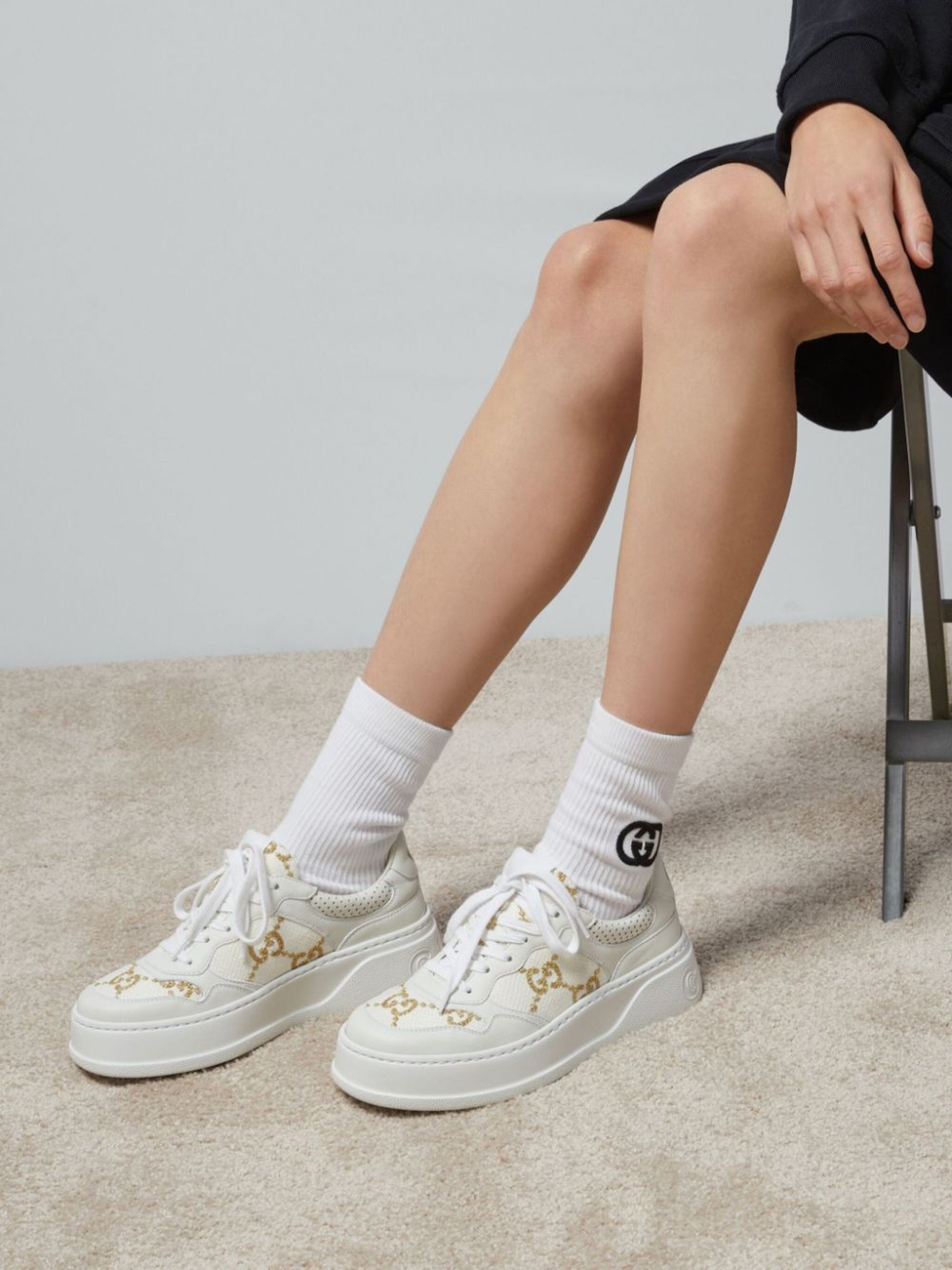 White GG-Embroidered Leather Sneakers - 6