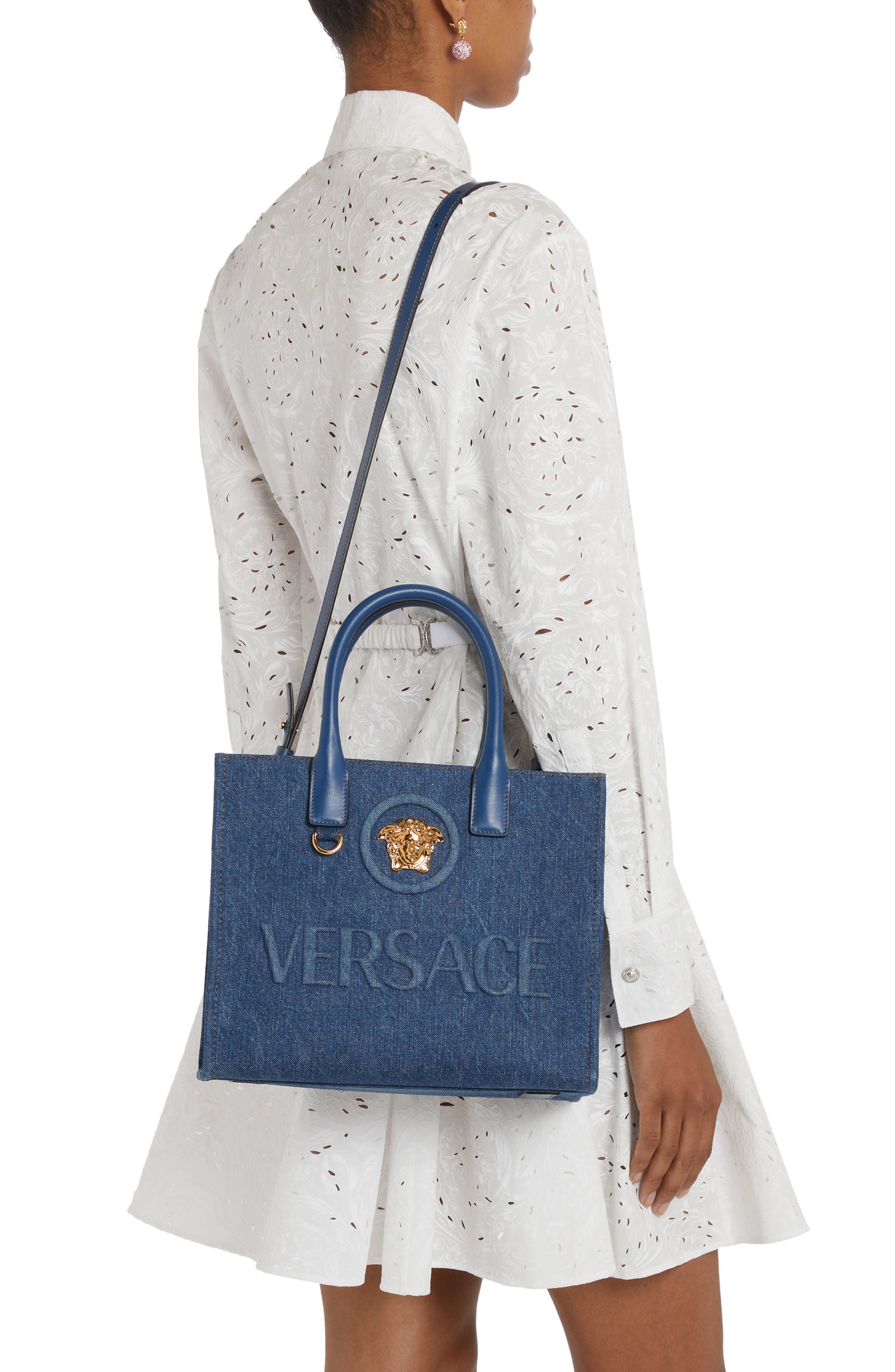 Versace Small La Medusa Denim Tote in Navy/Versace Gold at Nordstrom - 3