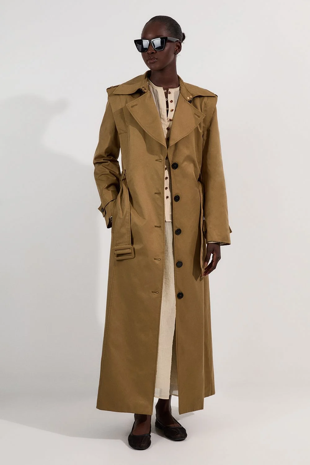 Strong Shoulder Belted Maxi Trench Coat - 1