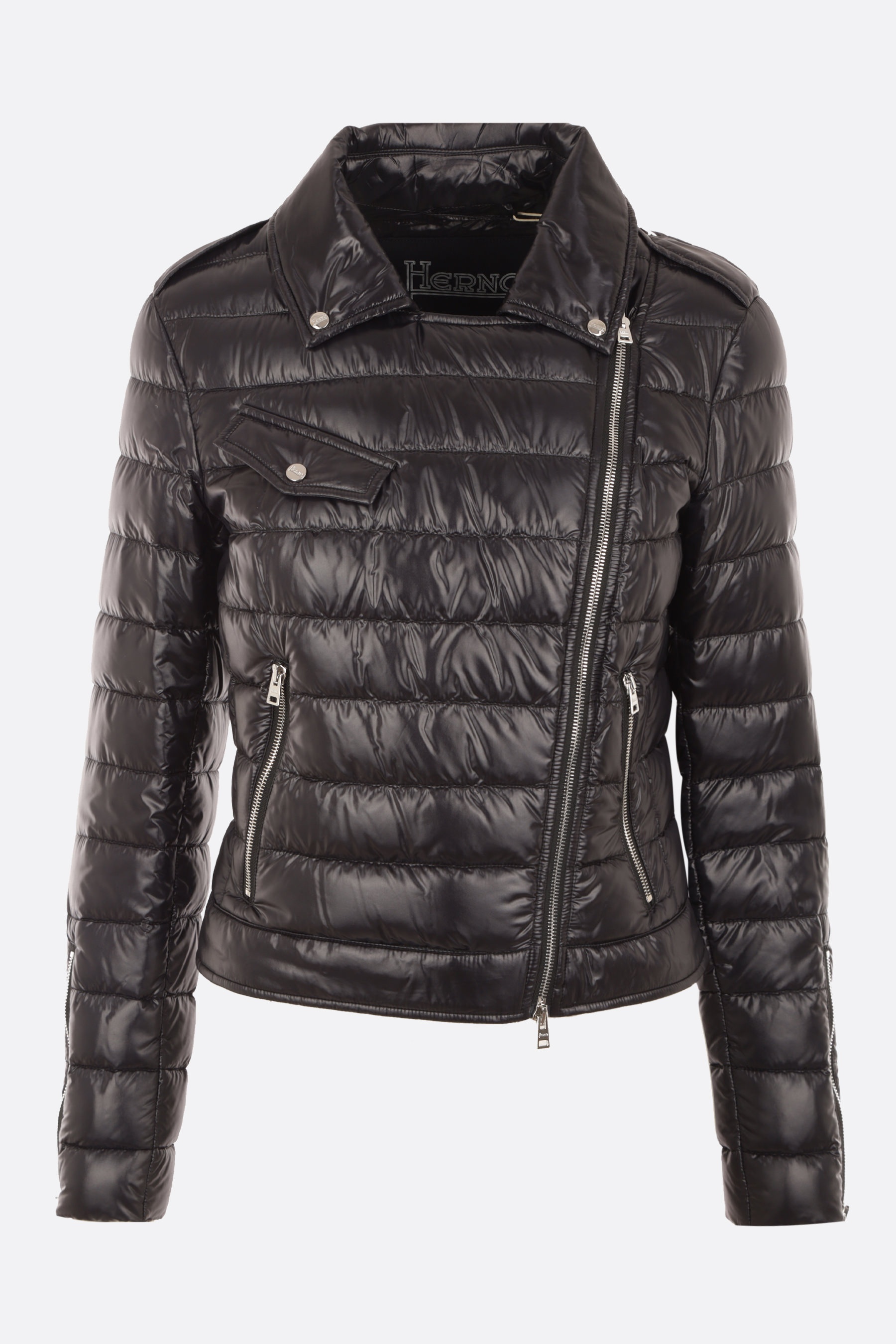 QUILTED SHINY NYLON BIKER DOWN JACKET - 1