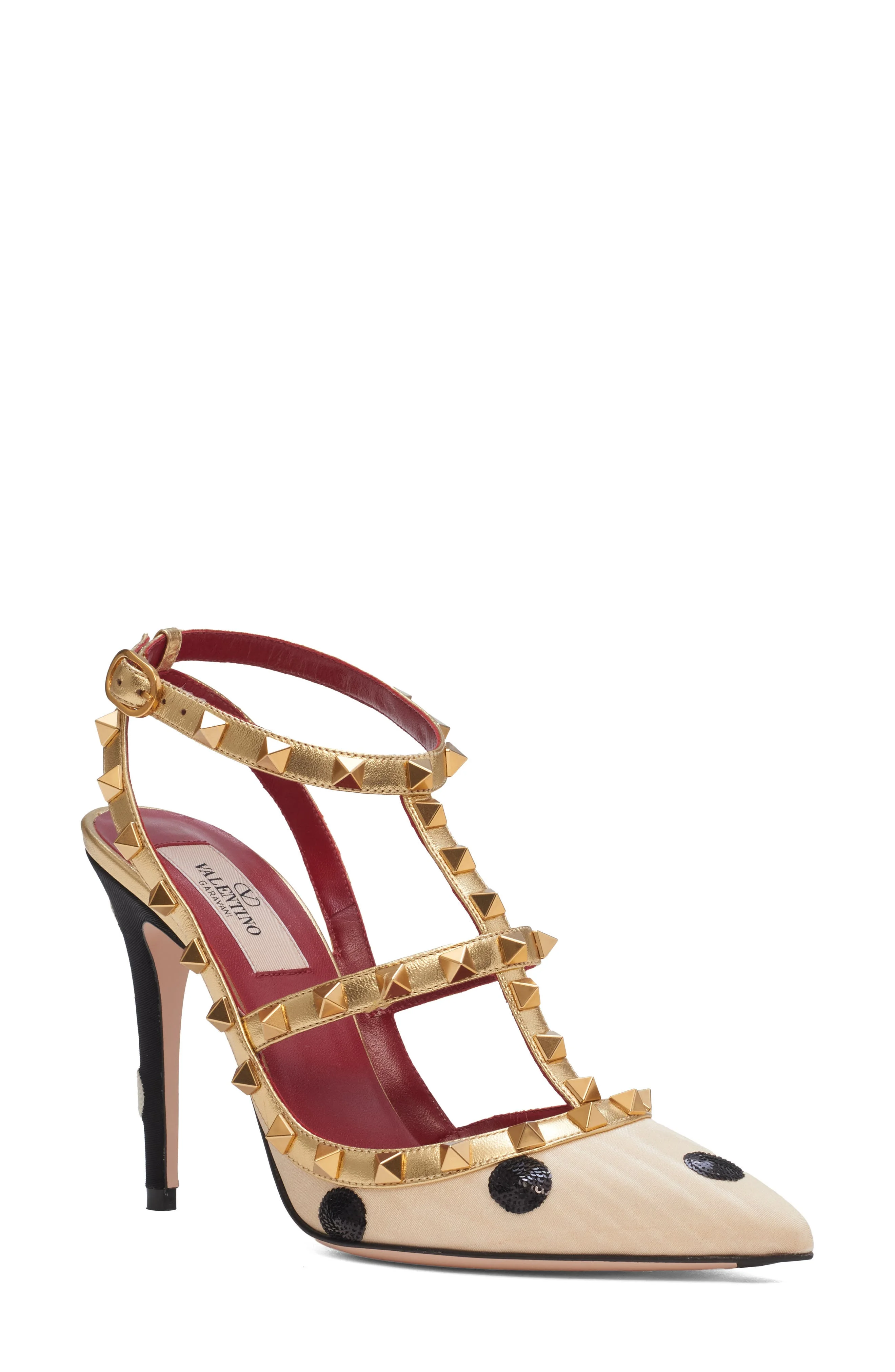 Valentino Garavani Rockstud Sequin Polka Dot Satin Ankle Strap Pump in Butter/Black at Nordstrom - 1