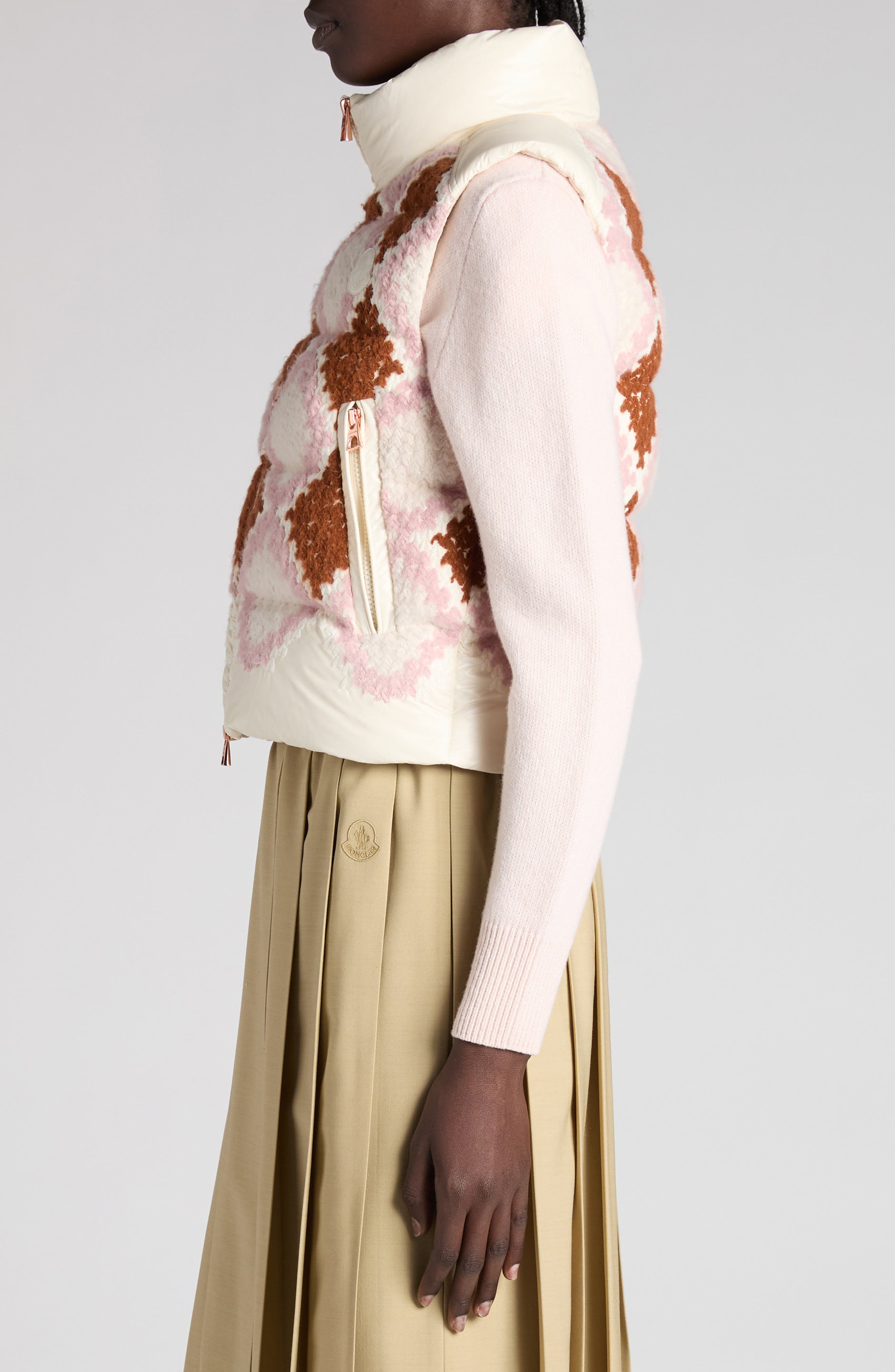 Moncler Armathia Embroidered Down Vest in Beige/Pink at Nordstrom - 4