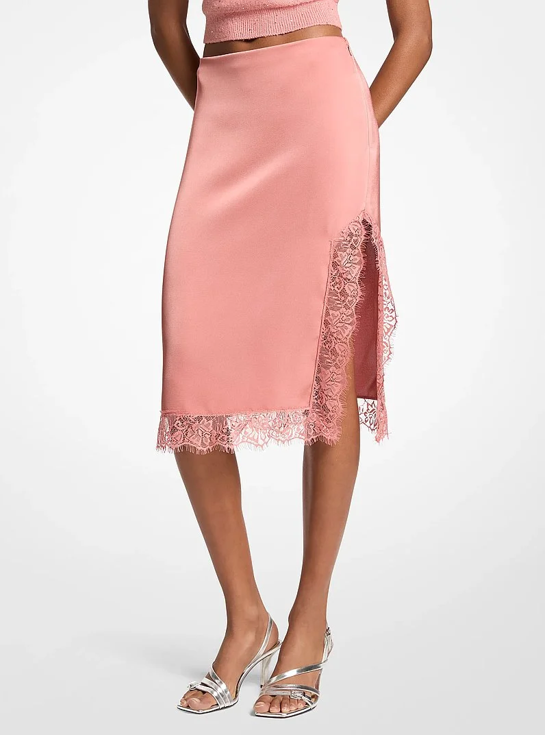 Lace Trim Satin Skirt - 1