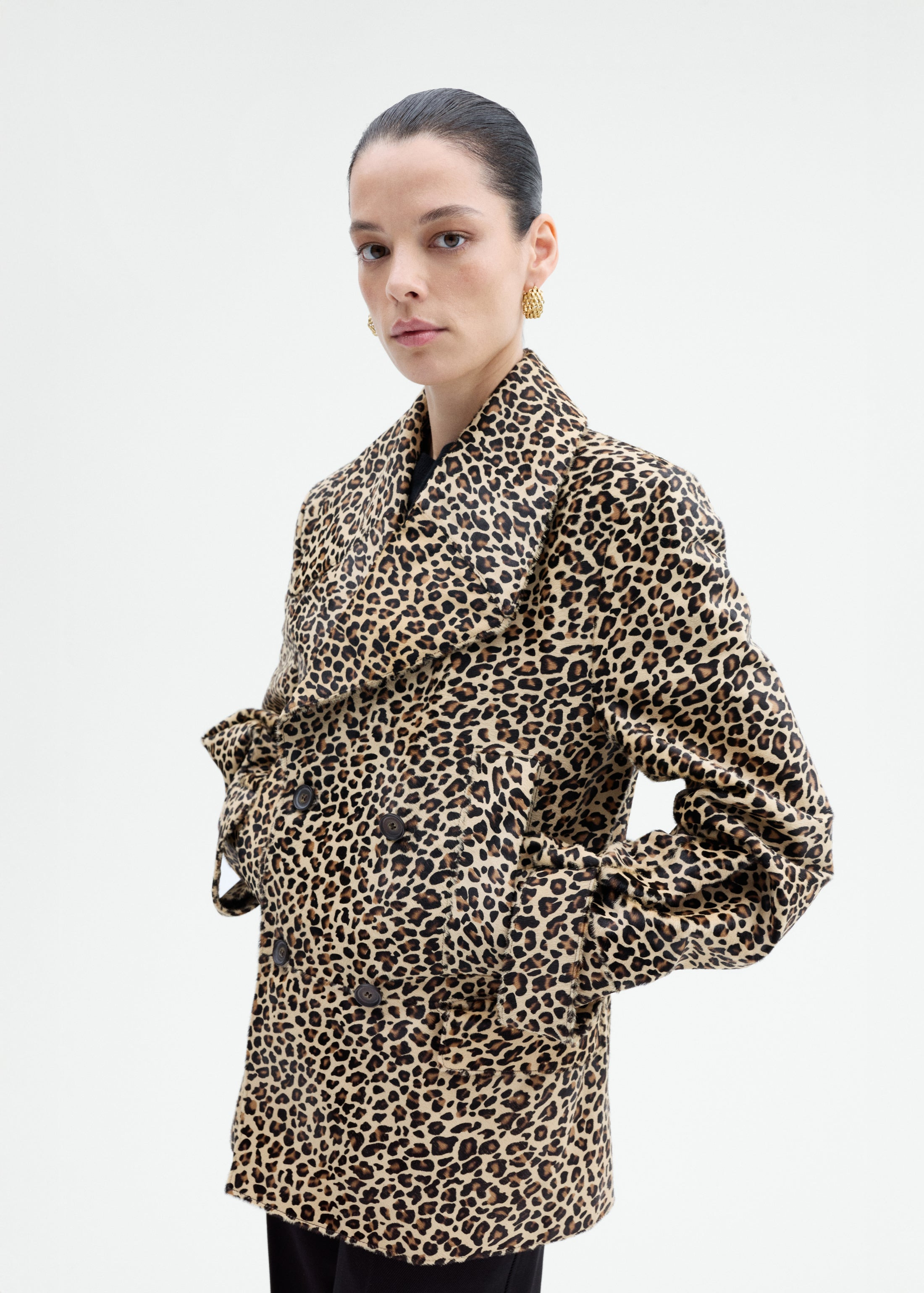 Double Faced Leopard Peacoat in Calf Hair - 7