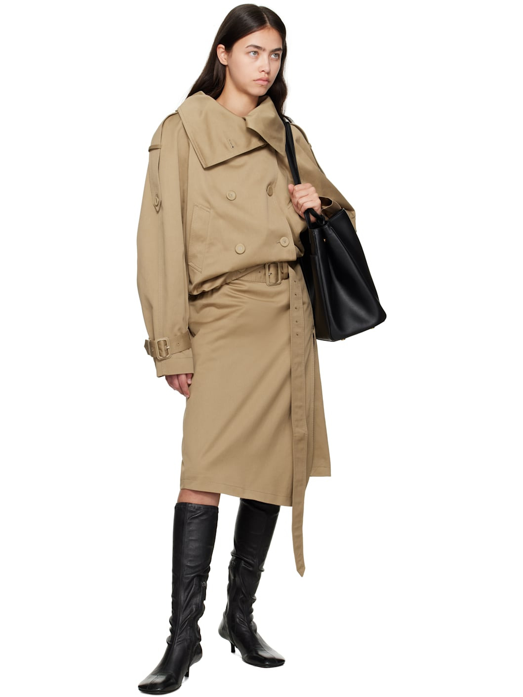 Beige Belted Twill Midi Skirt - 4