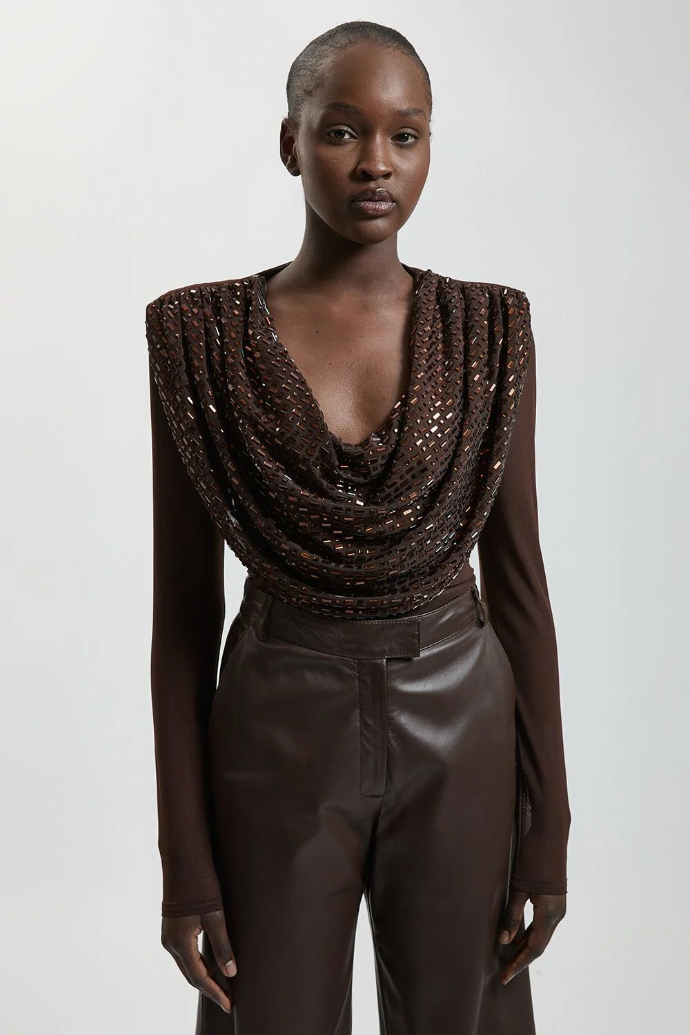 Premium Crystal Embellished Jersey Cowl Detail Top - 1