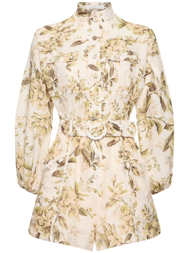 Golden printed linen belted playsuit - 1