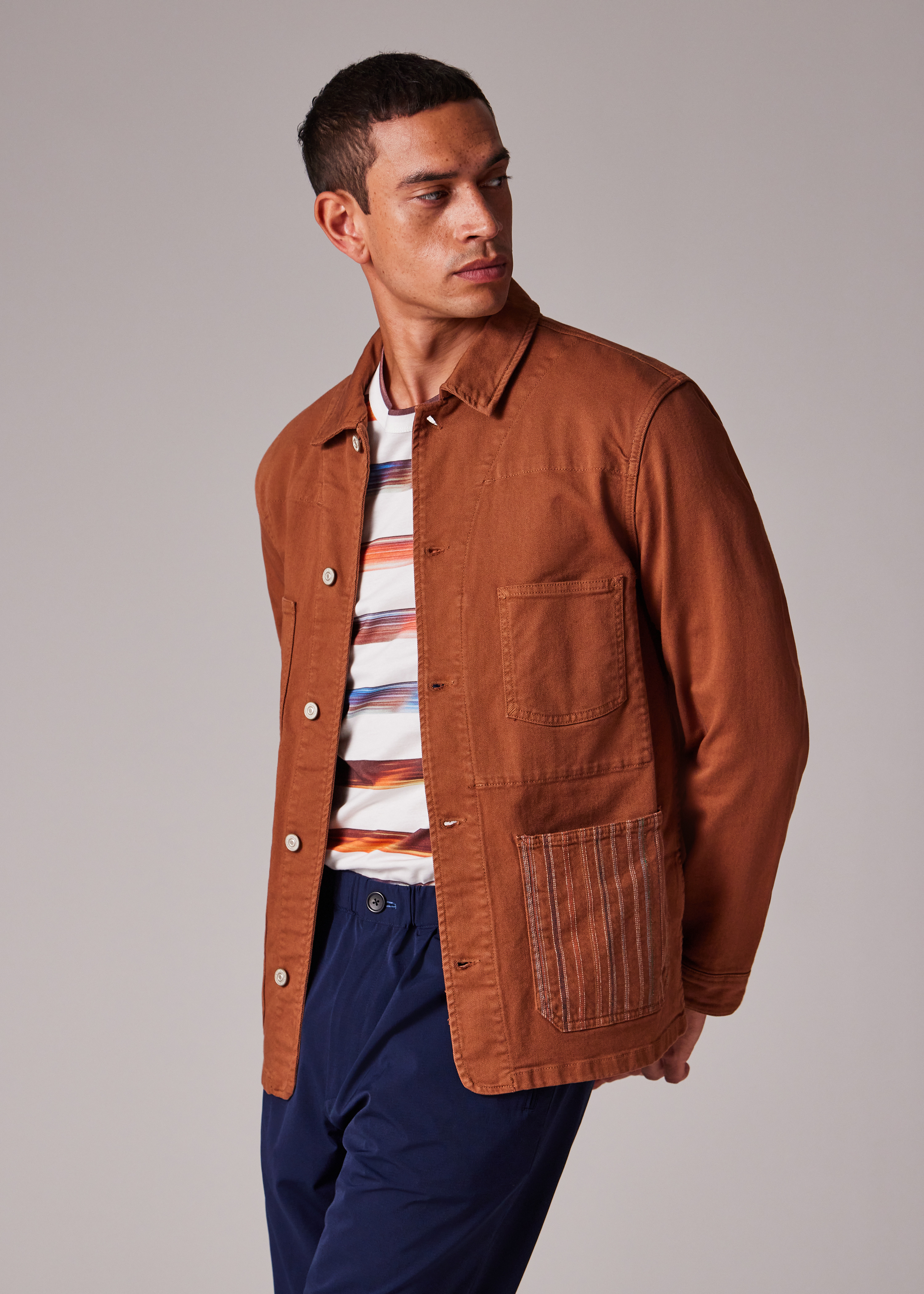 Rust Stretch Cotton-Twill Embroidered Stripe Chore Jacket - 6
